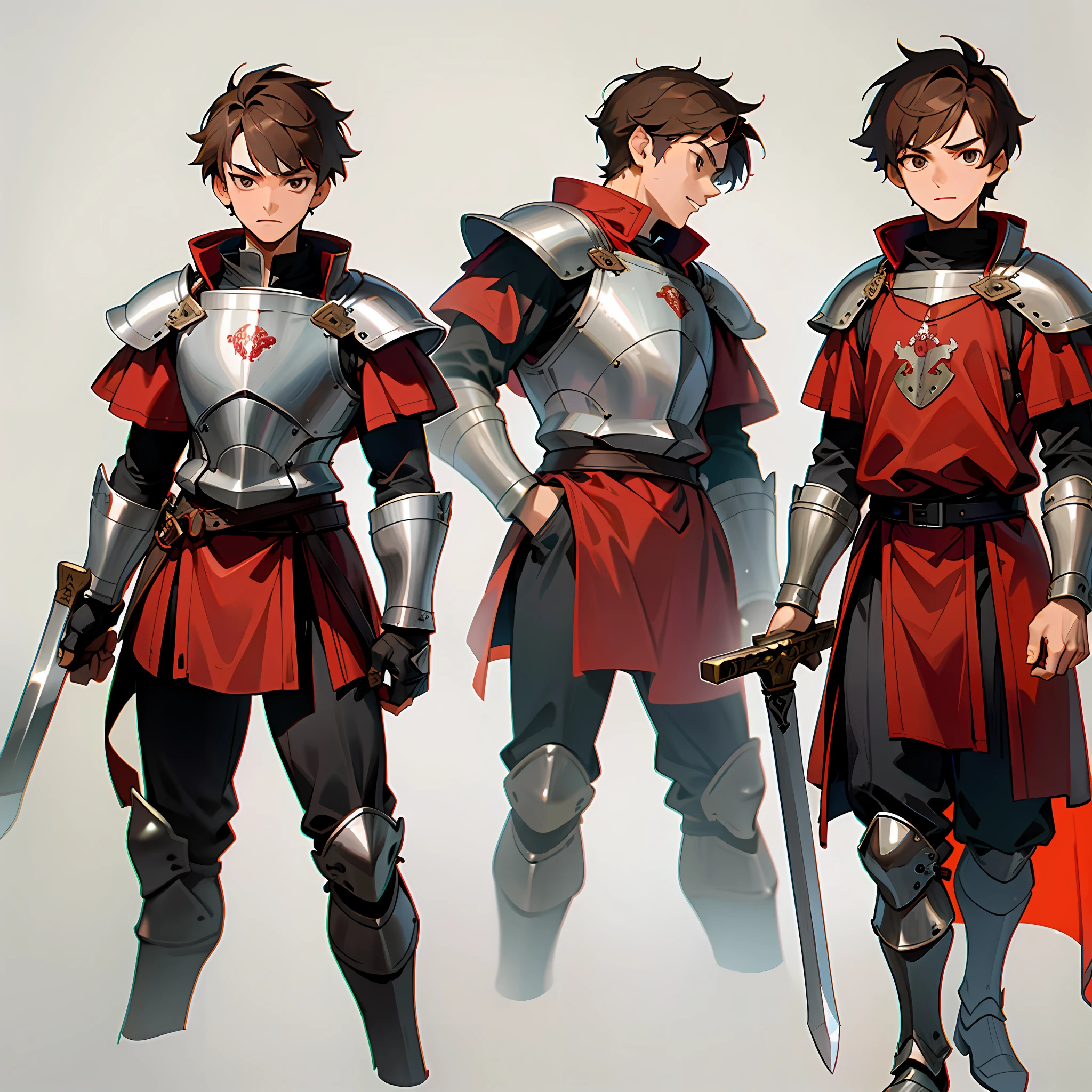 (character design sheet, same character, front, side, back), illustration, (simple background, white background: 1.3), a 17-year-old teenage boy, 1 boy, brown short hair, short hair parted in the middle, bright eyes, without a beard, without a goatee, no facial hair, silver and red medieval knight armor, red clothes, medieval warrior, boy, holding an medieval sword, multiple views, Multiple views of the same character in the same outfit:1.3