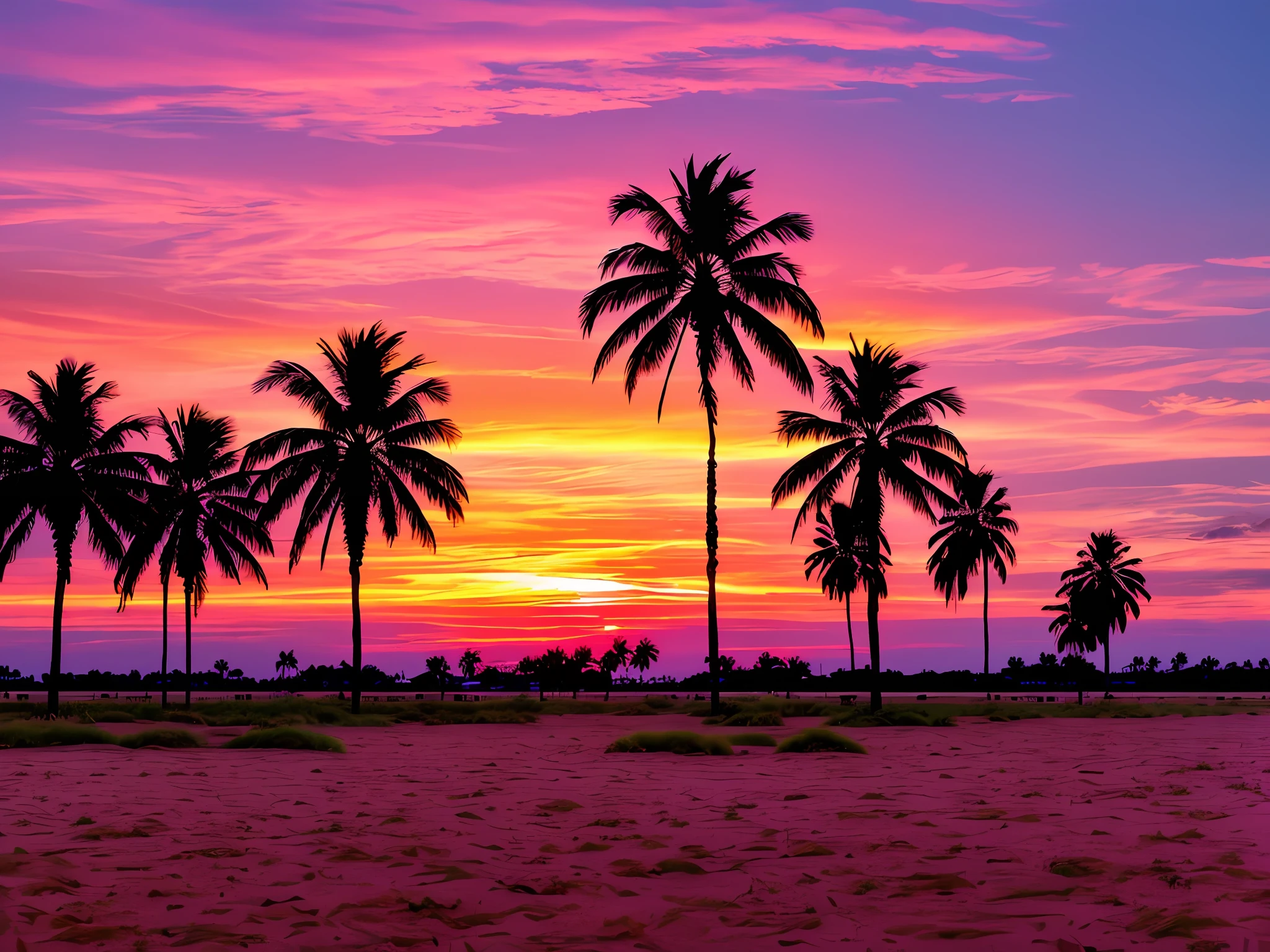 there are palm trees in the field with a pink sky, during sunset, sunset time, during a sunset, sunset view, beautiful late afternoon, sunset in background, with sunset, the sun is setting, dusk sunset in background, it is sunset, in the early morning, low sunset, lonely scenery yet peaceful!!, very beautiful scenery, landscape view, at the sunset