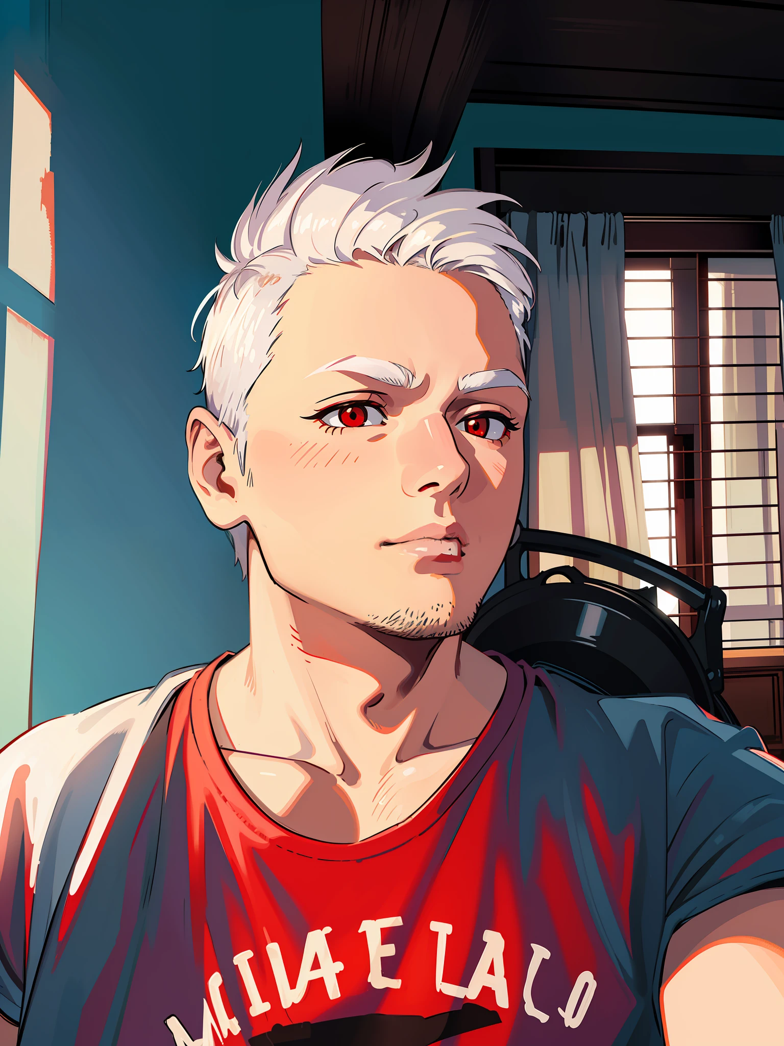 masterpiece, high quality, best quality, beautiful, hd, realistic, perfect lighting, detailed face, detailed body, 1 man, (white hair), red eyes, manly, (brutal), black t-shirt