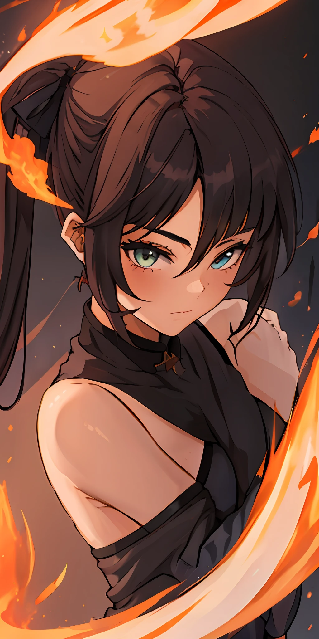 1girl, brown hair, golden eye, katana, flames, burning houses, glowing, sidelighting, wallpaper,