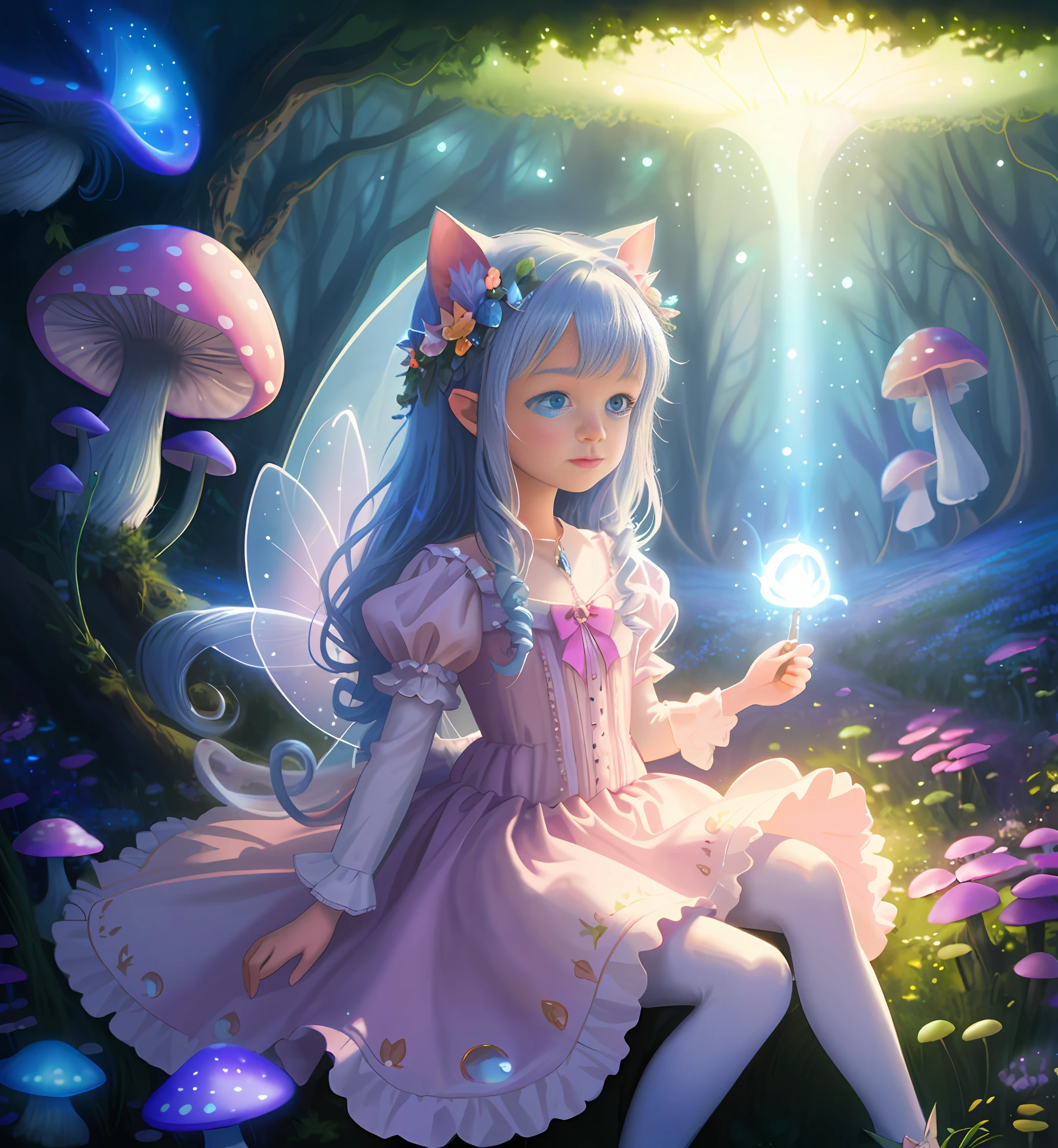 High Quality, High Definition, Dense Drawing, Light Bloom, 3girl, Cartoon Cat in Fairy Dress with Glowing Wand in Mushroom Field, Beautiful Blue Glistening Eyes, Perfect Fingers, Beeple and Jeremiah Kettner, Adorable Digital Painting, Get lost in dreamy fairy landscape, Cute detailed digital art, fantasy matte paint, cute, concept art magic highlights, Magical world. Colorful and cute digital art, fairy atmosphere, dreamy digital painting, very magical and dreamy