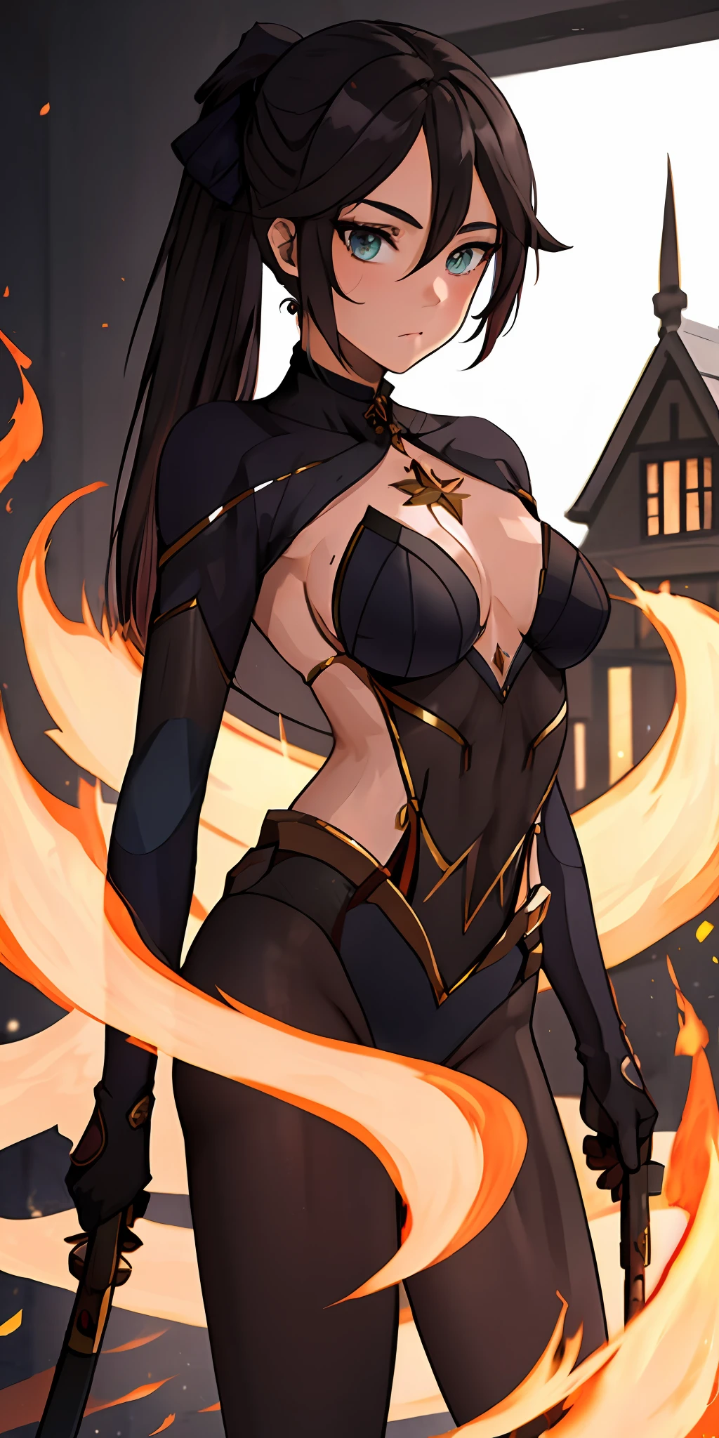 1girl, brown hair, golden eye, katana, flames, burning houses, glowing, sidelighting, wallpaper,