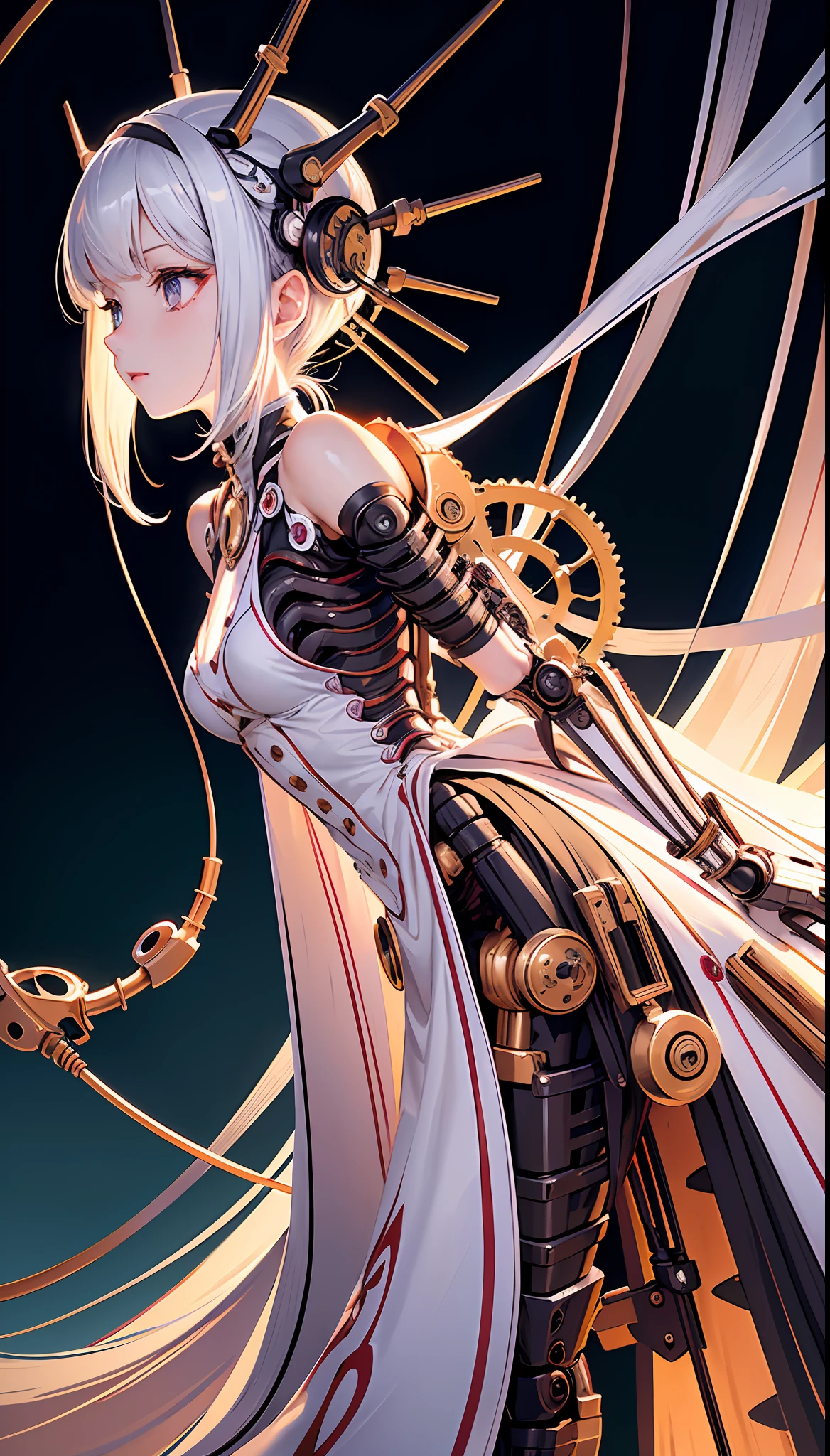 (Masterpiece, Top Quality, Best Quality, Official Art, Beautiful Indulgence: 1.2), (1 Girl: 1.3), Very Detailed, Colorful, Supreme Detail ((Ultra Detailed)), (Highly Detailed CG Illustration), (Very Delicate and Beautiful)), (From the Side), Cinematic Light, (1 Machine Girl)), Solo, Full Body, (Mechanical Joints: 1.2), ((Mechanical limbs)), (Blood vessels connected to tubes), ( Mechanical vertebrae attached to the back), ((Mechanical cervical vertebrae attached to the neck)), expressionless, (Wires and cables attached to the neck: 1.2), (Head wires and cables: 1.2) (Character focus), (Lower body integrated with mechanical devices), Science fiction, White background, (Blood: 1.5), cruelty, absurdity, erotic rotesque, fusion with machines