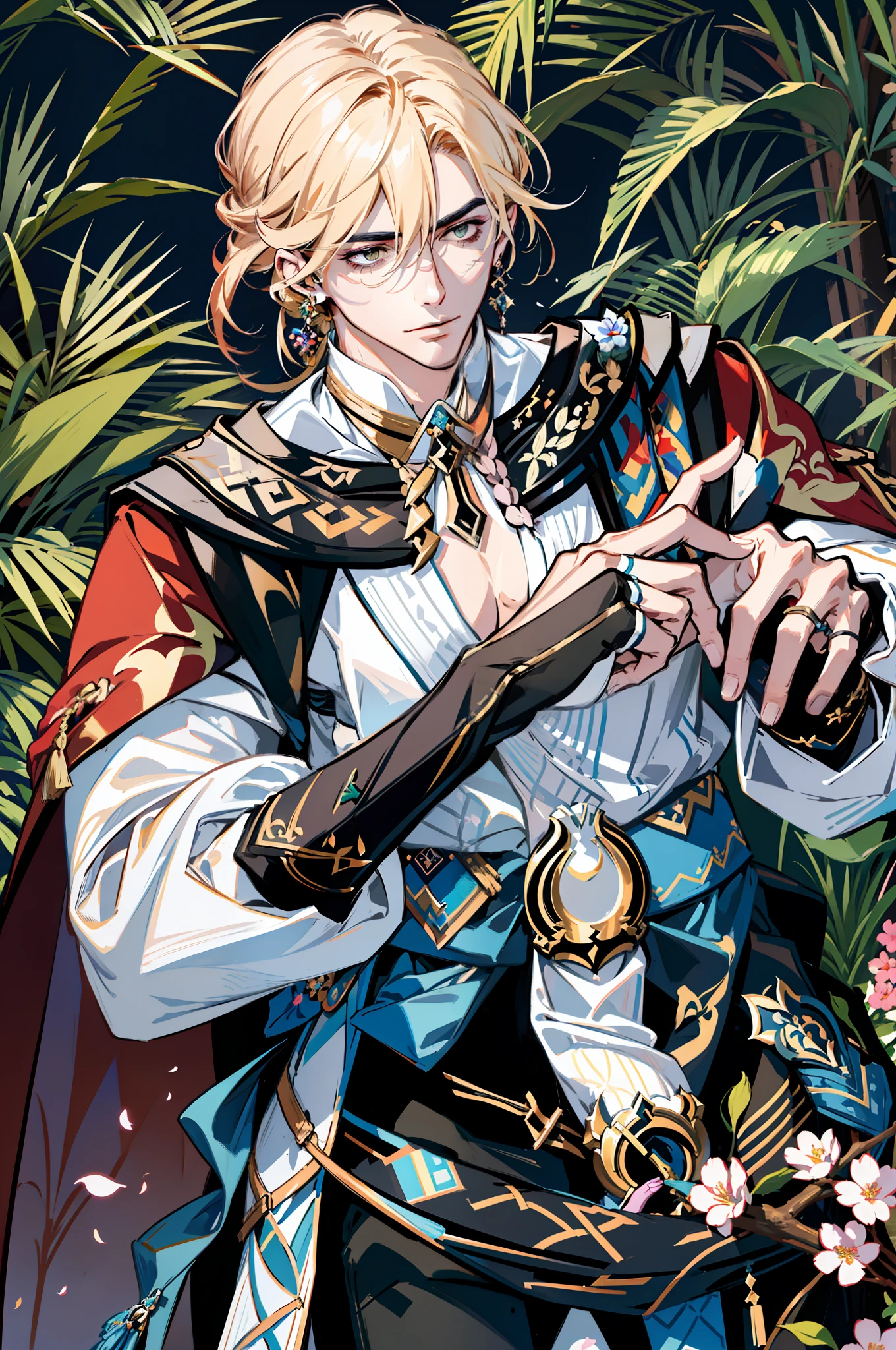 kaveh genshin impact, in the garden with flowers and blooming trees, colorful birds around, (absurdres, highres, ultra detailed), 1 male, handsome, tall muscular guy, best ratio four finger and one thumb, best light and shadow, detasiled sunlight, dappled sunlight, day, depth of field, plants, summer, (dutch angle)
