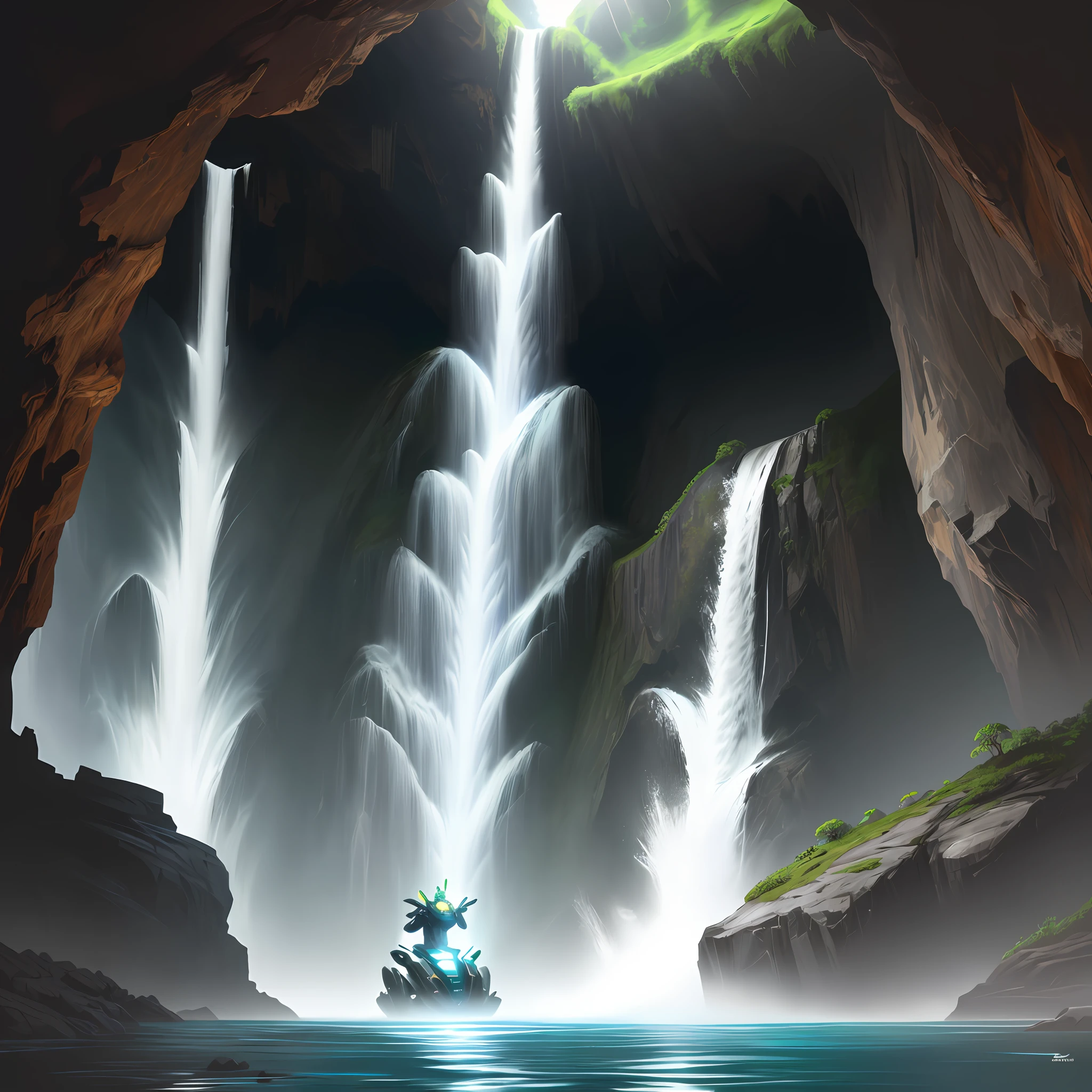 After the waterfall, in the cave, the robot, reach for the water