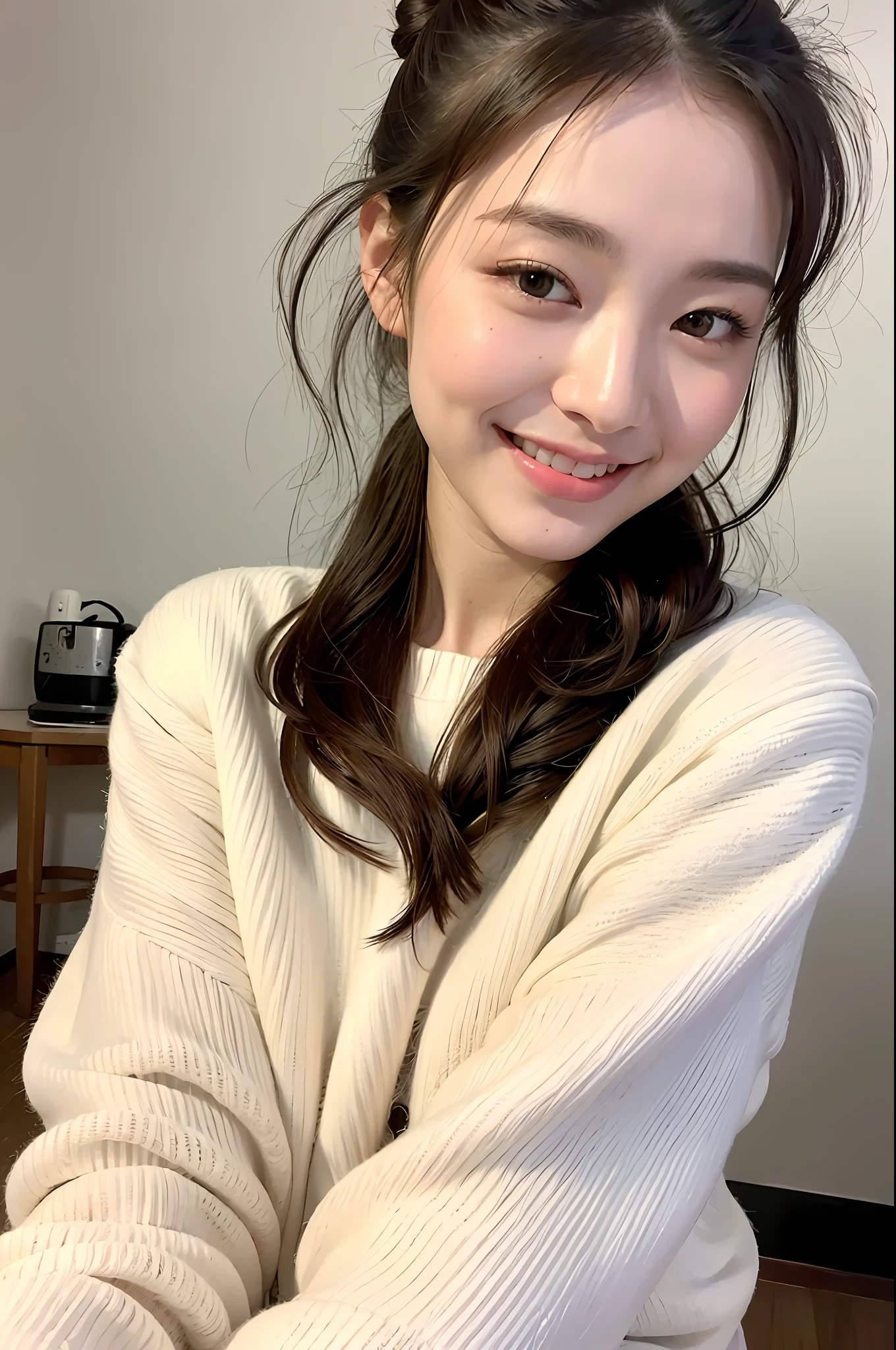 mix4,(8k, RAW photo, best quality, masterpiece:1.2), (realistic, photo-realistic:1.37), photo, ultra high res, photography, 1girl, cute, cozy home, smile, one bun hairstyle, white sweater, realistic hair