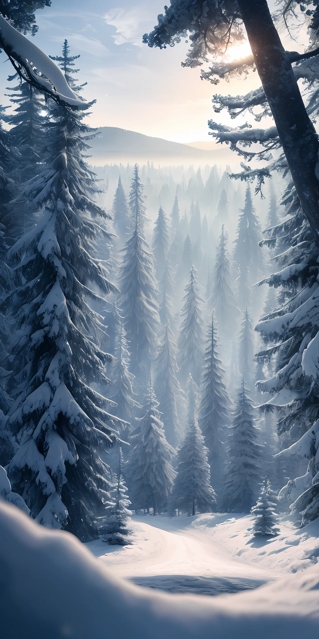 Masterpiece, best quality, high quality, extremely detailed CG unity 8k wallpaper, vast and quiet coniferous forest stretching to the horizon, lush green trees harmoniously gathered together, fresh breeze whispering through the leaves, frozen ground Topped with crystal snow, creating stunning peaceful landscapes, bokeh, depth of field, HDR, bloom, chromatic aberration, photorealism, highly detailed, trending on artstation, trending on CGsociety, intricate, high detail, dramatic, art by midjourney