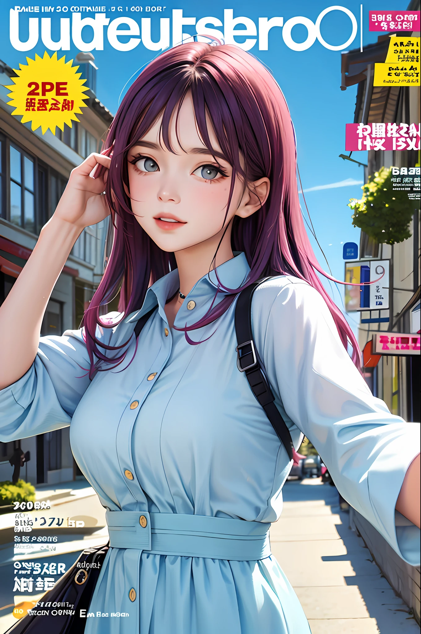 masterpiece, best quality, spring outfit, colorful hair, outdoor, magazine cover ,upper body,