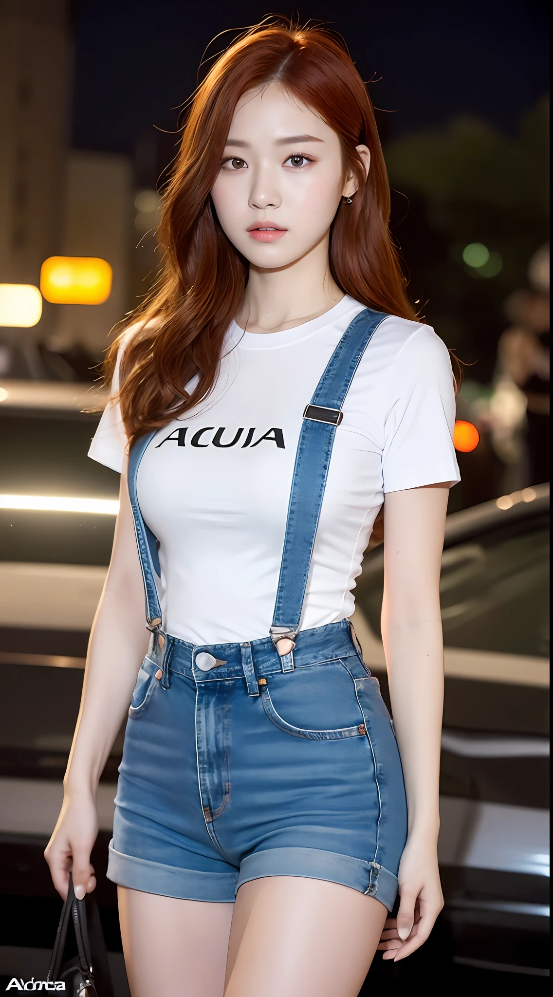 ((Midnight, Acura, 8K, Masterpiece: 1.3)), Full body, Long legs, Focal length: 1.2, Perfect sexy body beauty: 1.4, Slim abs: 1.1, ((Redhead, Big breasts: 1.2 )), (White skinny T-shirt, denim suspenders, standing: 1.2), ((City Night, )), Highly detailed face and skin texture, Fine eyes, Double eyelids