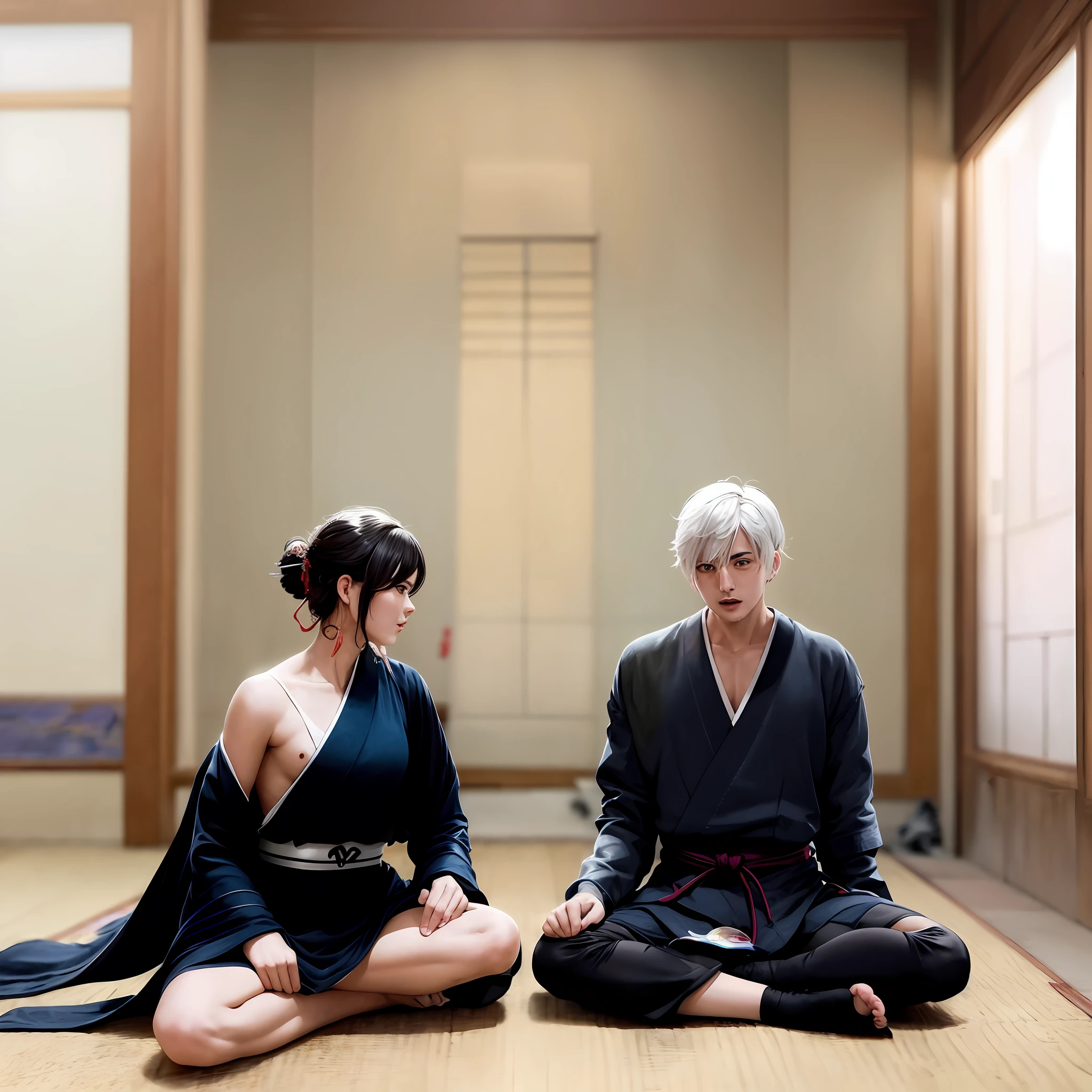 there are two people sitting on the floor with a sword, inspired by Kanō Hōgai, inspired by Sesshū Tōyō, ayami kojima and greg rutkowski, inspired by Tani Bunchō, in a dojo, masayoshi suto and artgerm, inspired by Kōshirō Onchi