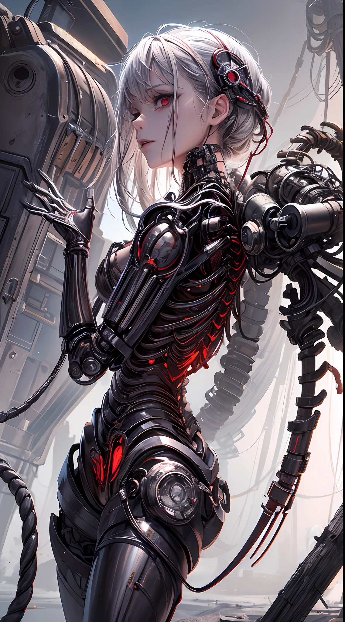 (((Masterpiece))), ((Best Quality)), (Super Detail), (CG Illustration), (Very Evil and Beautiful)), Cinematic Light, ((1 Mechanical Girl)), Single, (Mechanical Art: 1.4), ((Mechanical limb)), (Blood vessel attached to a tube), ((Mechanical spine attached to the back)), ((Mechanical cervical vertebrae attached to the neck), (Back to the viewer)), expressionless, ( Wires and cables attached to the head and body: 1.5), Science Fiction, Apocalypse, Ruins, (Lower Body Integrated with Mechanical Devices), (Blood: 1.5), Cruelty, Absurdity, Eroglotesque, Fusion with Machines, Doomsday Time, Super Future, Inorganic, Laboratory, Restraint, (Beautiful Indulgence: 1.2), (1 Girl: 1.3)