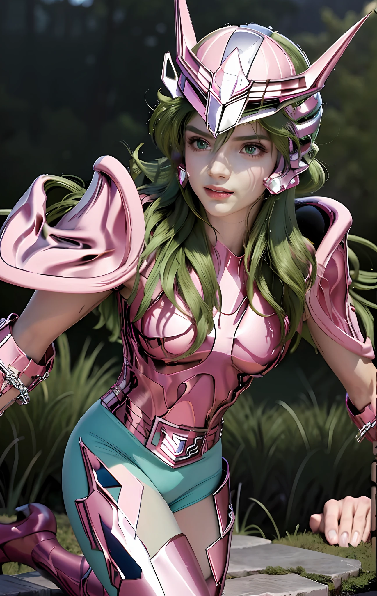 masterpiece, best quality, super high resolution, realistic skin texture, armature, (realistic:1.4), high resolution, original photo, shiny skin, realistic skin texture, best lighting, glitter, dramatic lighting, dynamic pose, (greek temple background:1.3), night sky, universe, milky way, 1 boy, balanced eyes, andromeda, pink armor, roman skirt, (cuirass: 1.5), green hair, (pink helmet:1.3), blue eyes, (Looking at the audience: 1.3), smiling slightly, (chain on the arm: 1.3), green leggings