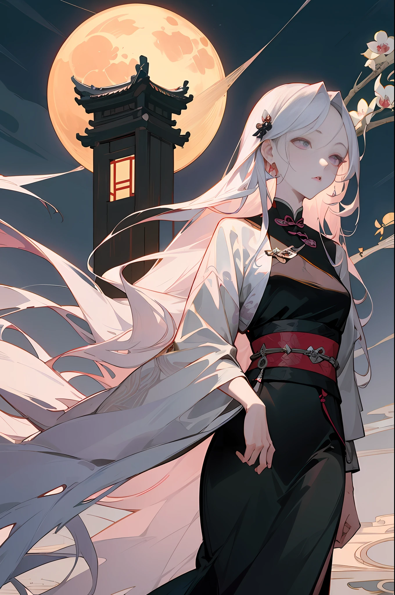 Masterpiece, Superb Beauty, Night, Full Moon, 1 Female, Mature Woman, Chinese Style, Ancient China, Sister, Royal Sister, Cold Face, Expressionless, Silver-White Long-Haired Woman, Pale Pink Lips, Calm, Intellectual, Three Bands, Gray Eyes, Assassin, Short Knife, Orchid Background, Walking Street View