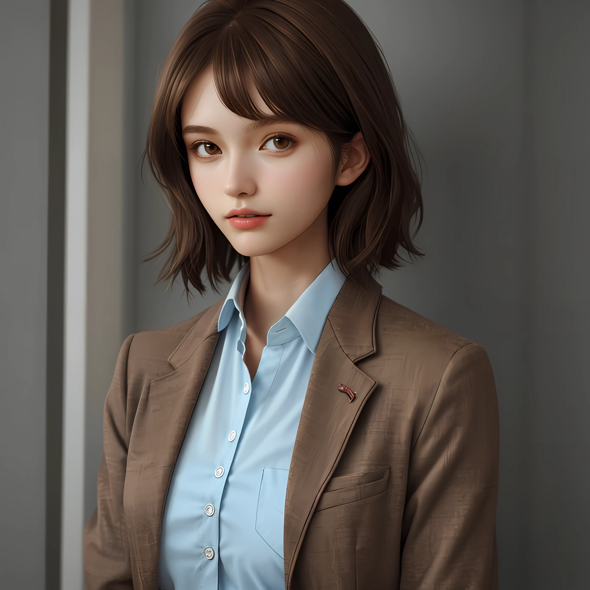 girl, beauty, high quality, slender, upper body, short hair, brown hair, blazer