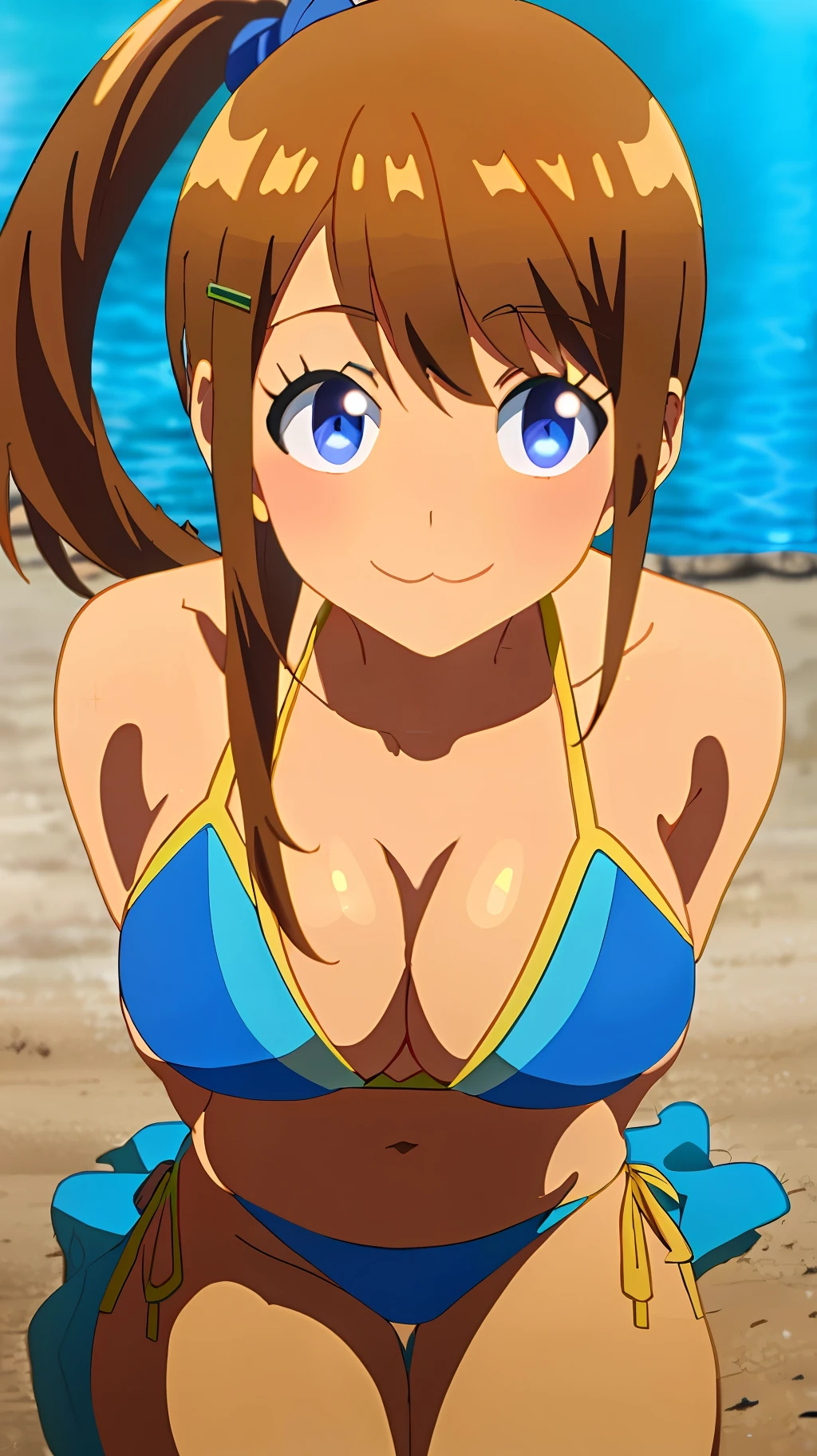 masterpiece, (((best quality))), anime art style, ((NANA)), ((light brown hair side ponytail)), (blue eyes), (((large breasts))), (((blue bikini))), playing on the beach, navel uncovered, chest in sight, legs in the sand, (((full body sensual))), sensual body curves