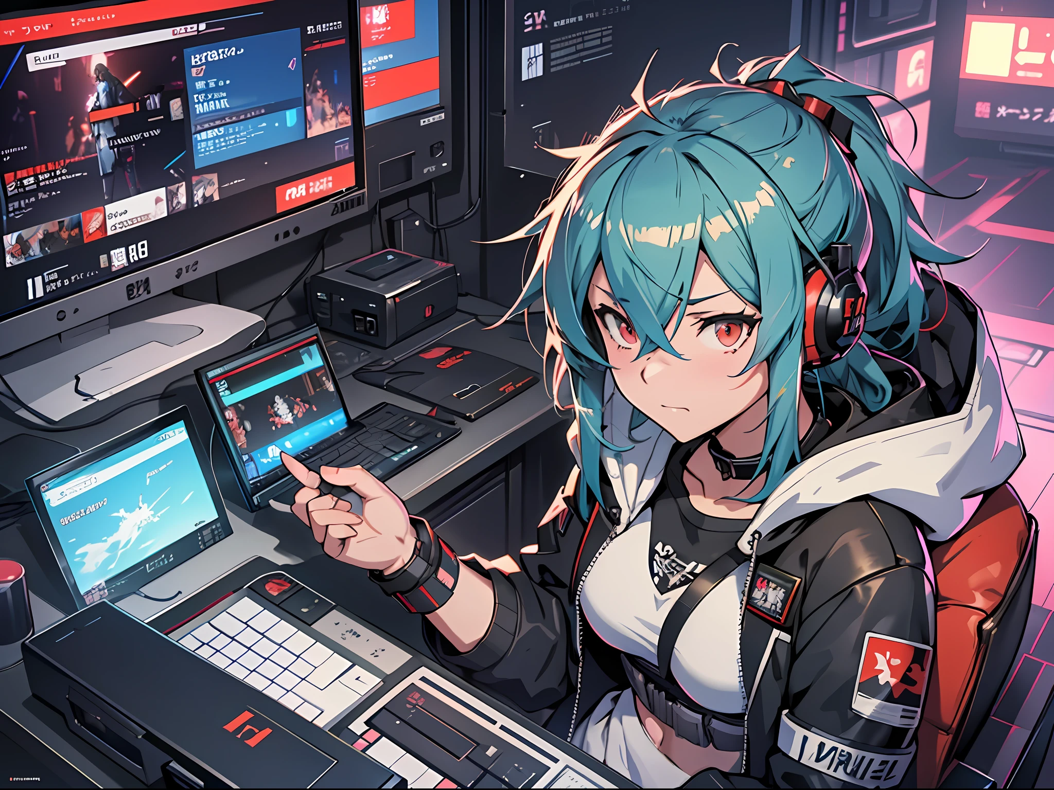 anime characters playing a game on a computer screen in a room, best anime 4k konachan wallpaper, kawacy, anime style 4 k, kantai collection arcade, badass anime 8 k, cyberpunk anime girl in hoodie, digital cyberpunk anime art, girls frontline style, girls frontline cg, 4k anime wallpaper, from arknights, kantai collection style
