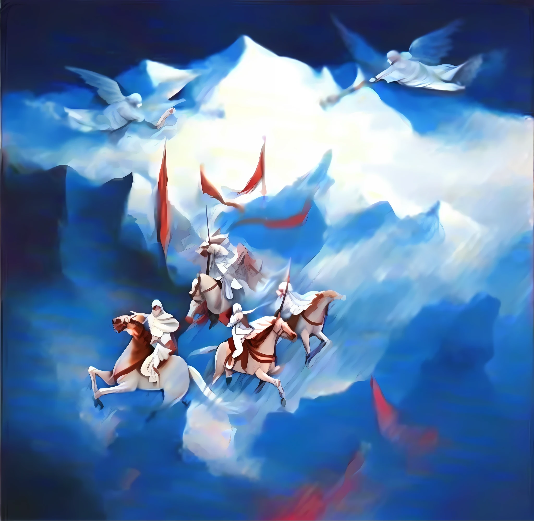 Painting of angels dressed in white with hood covering the whole head riding a white horse over the clouds with red flags 4k--v4