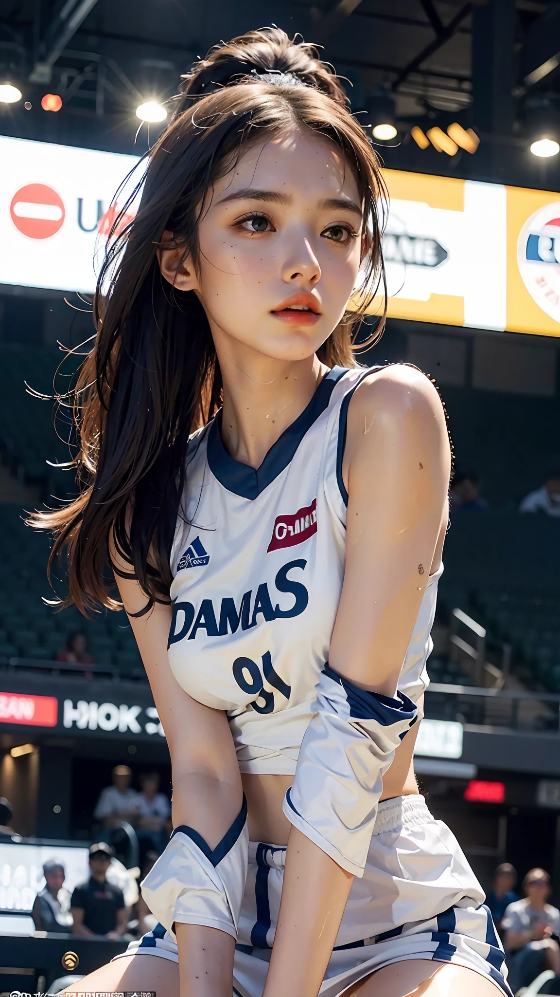 Top Quality, Ultra High Resolution, (Photorealistic: 1.4), 8K Resolution, (Woman in Basketball uniform), (Random Hair: 1.3), (Realistic Hair: 1.2), (Realistic Eyes: 1.2), (Beauty Face: 1.3), (large breasts), (Wet Skin: 1.2),(dynamic angle:1.5),(furrowed brow),(full body),(from front),(offense),