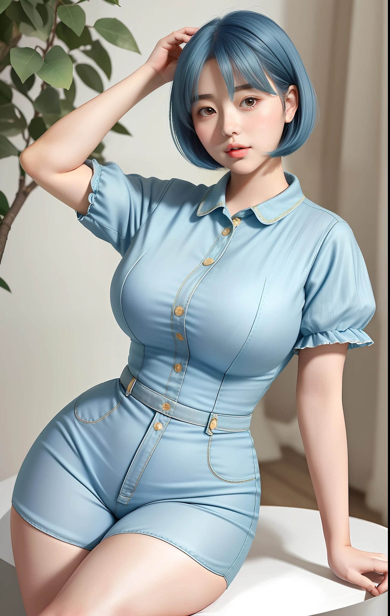 a beautiful, ite girl with short blue hair, big round eyes, thick lips, rosy cheeks and thick thighs, a pear shaped body weaing fantasy style clothes with a beautiful immersive background