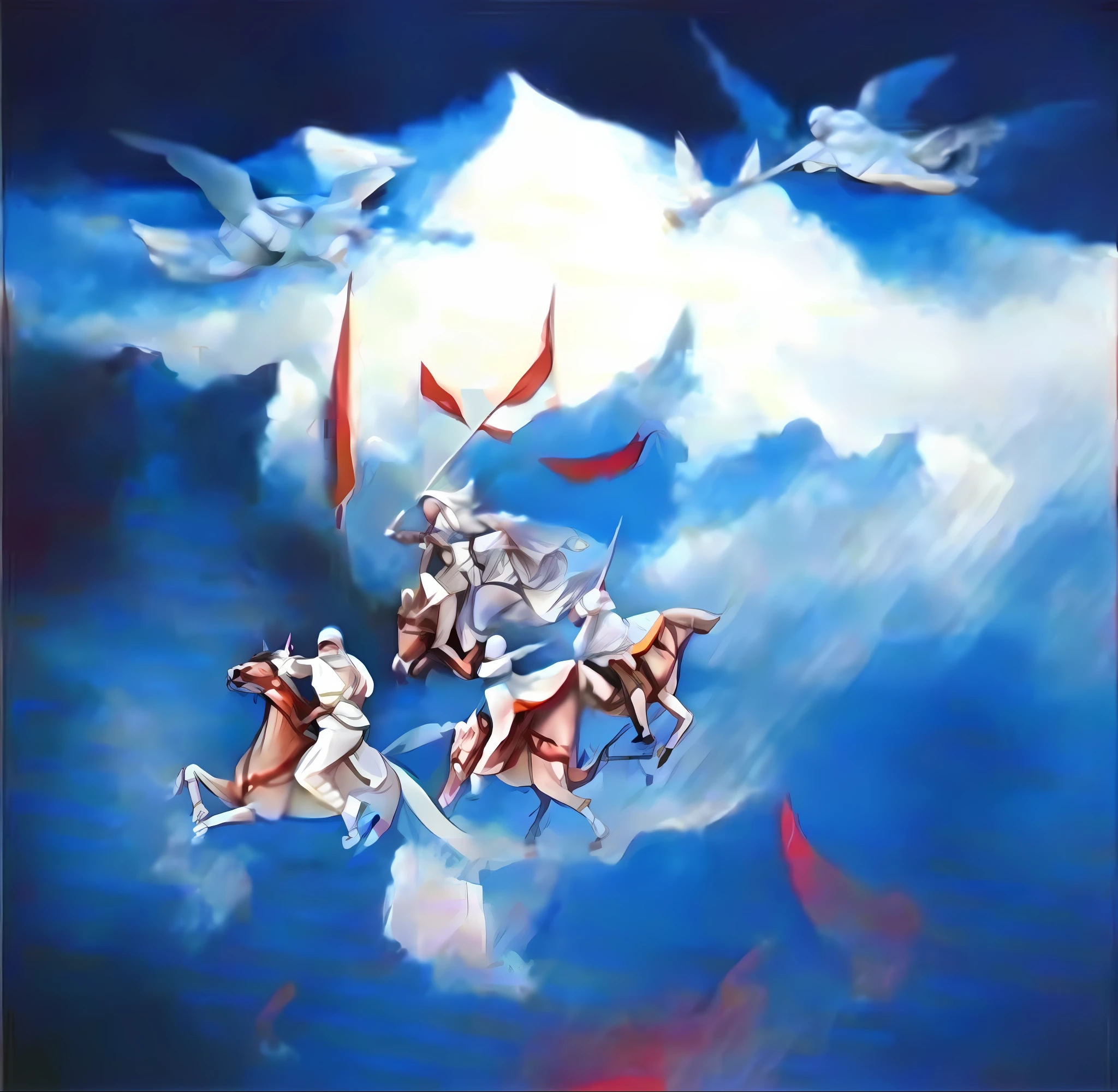 Painting of angels dressed in white with hood covering the whole head riding a white horse over the clouds with red flags 4k--v4