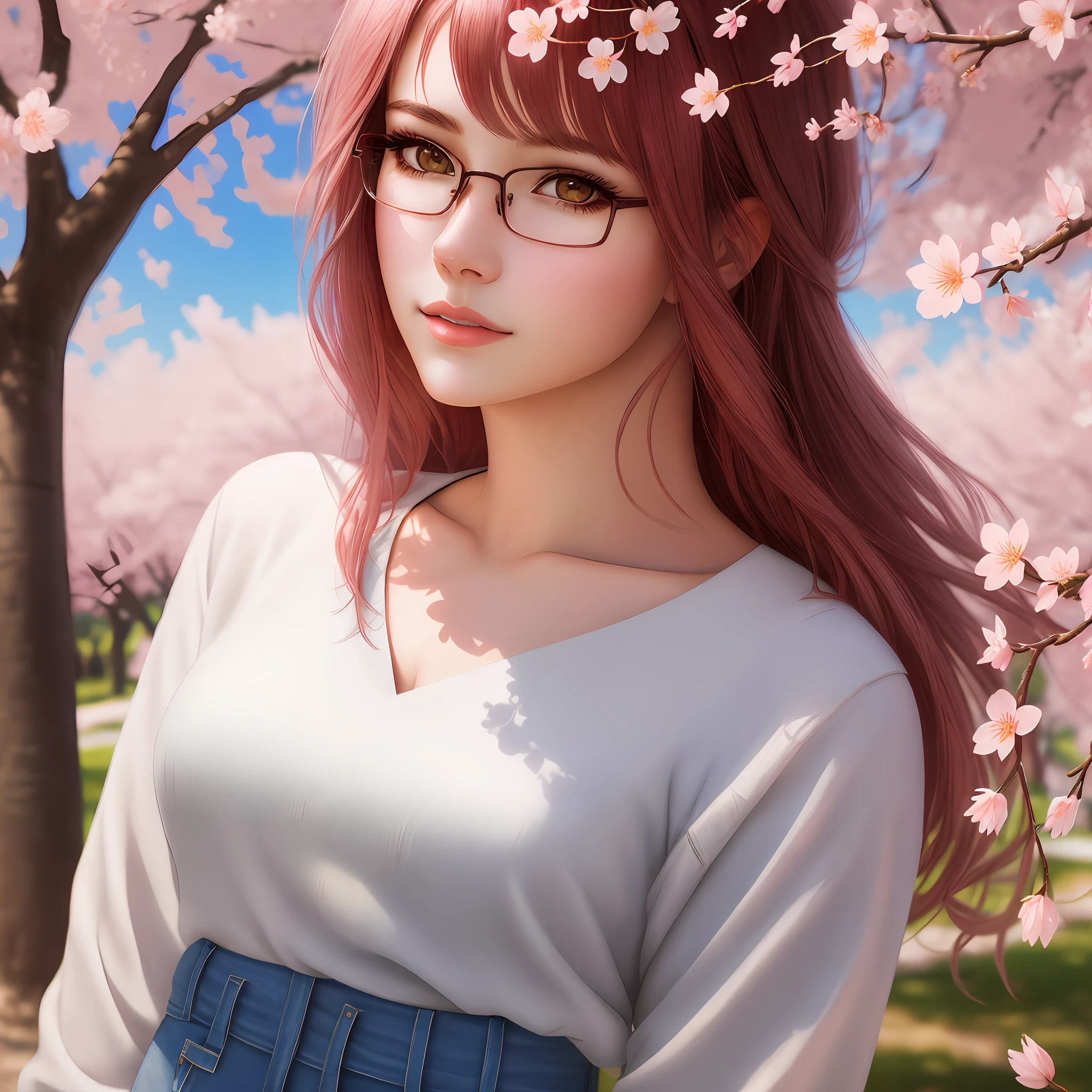 A beautiful portrait (head to waist portrait) of a 20 year old pretty young woman, realistic photo, hyper real, wearing sunglass, beautiful cherry blossom tree background, studio lightings, portrait photography