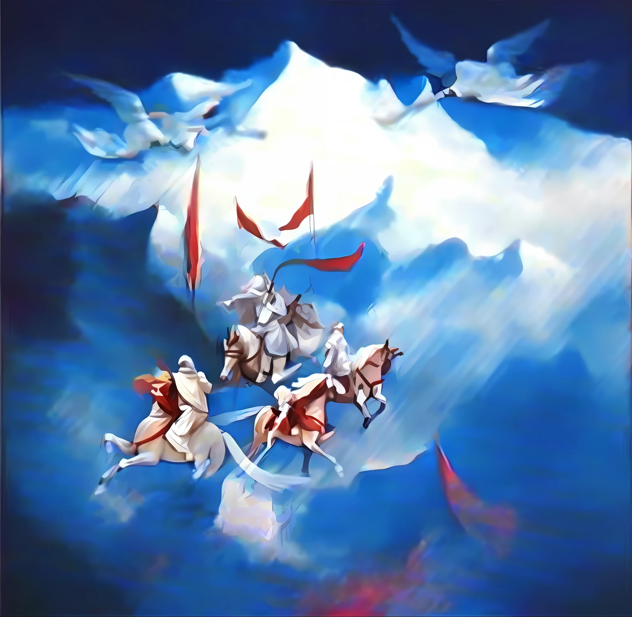 Painting of angels dressed in white with hood covering the whole head riding a white horse over the clouds with red flags 4k--v4