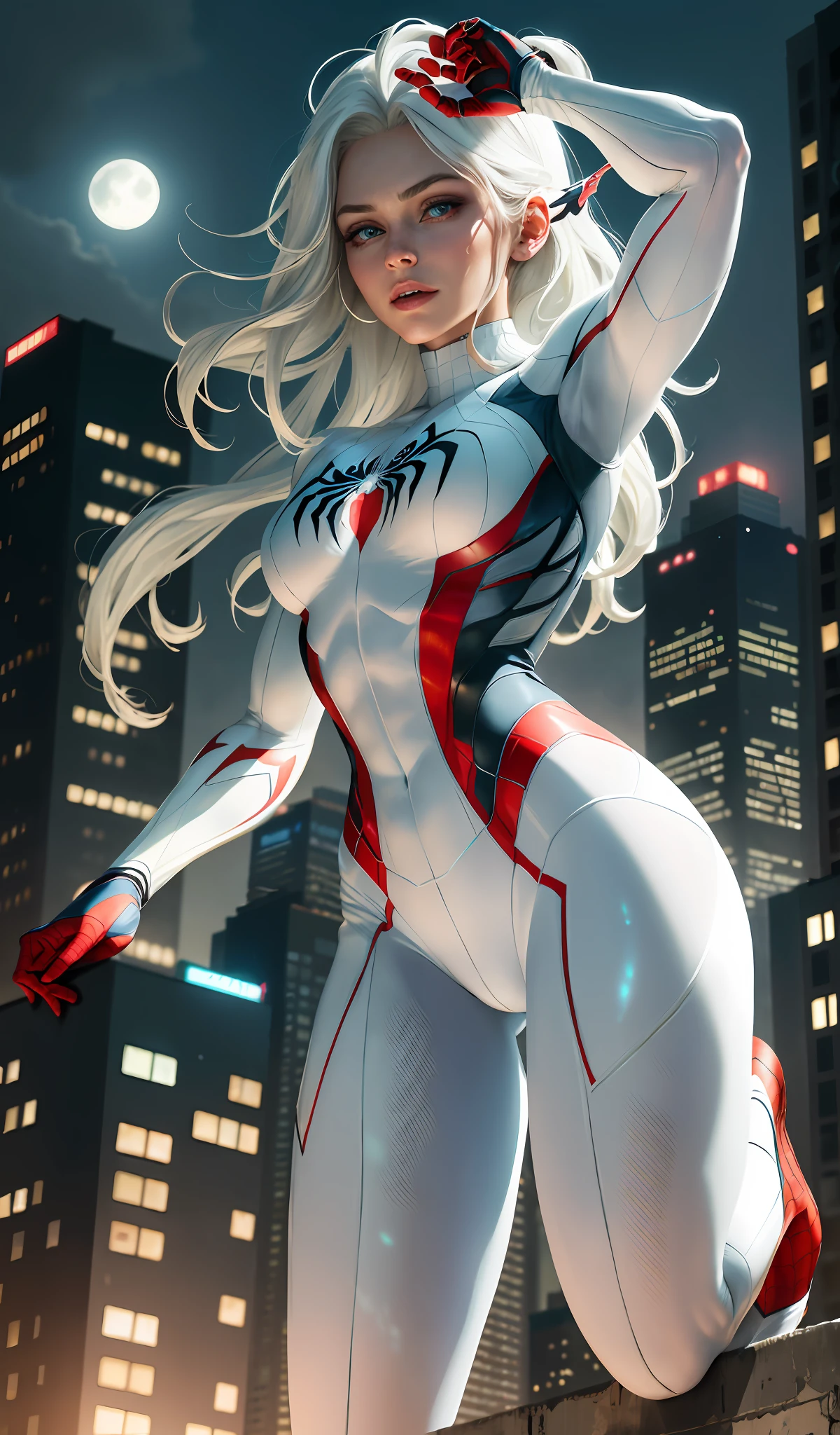 (Masterpiece, 4k resolution, ultra-realistic, very detailed), (White superhero theme, charismatic, there's a girl on top of town, wearing Spider-Man costume, she's a superhero), [ ((25 years), (long white hair:1.2), full body, (blue eyes:1.2), ((Spider-Man pose),show of strength, jumping from one building to another), ((sandy urban environment):0.8)| (cityscape, at night, dynamic lights), (full moon))] # Explanation: The Prompt mainly describes a 4K painting of ultra-high definition, very realistic, very detailed. It shows a superheroine at the top of the city, wearing a Spider-Man costume. The theme in the painting is a white superhero theme, the female protagonist has long white hair, is 25 years old and her entire body is shown in the painting. In terms of portraying the actions of superheroines, spiders are employed