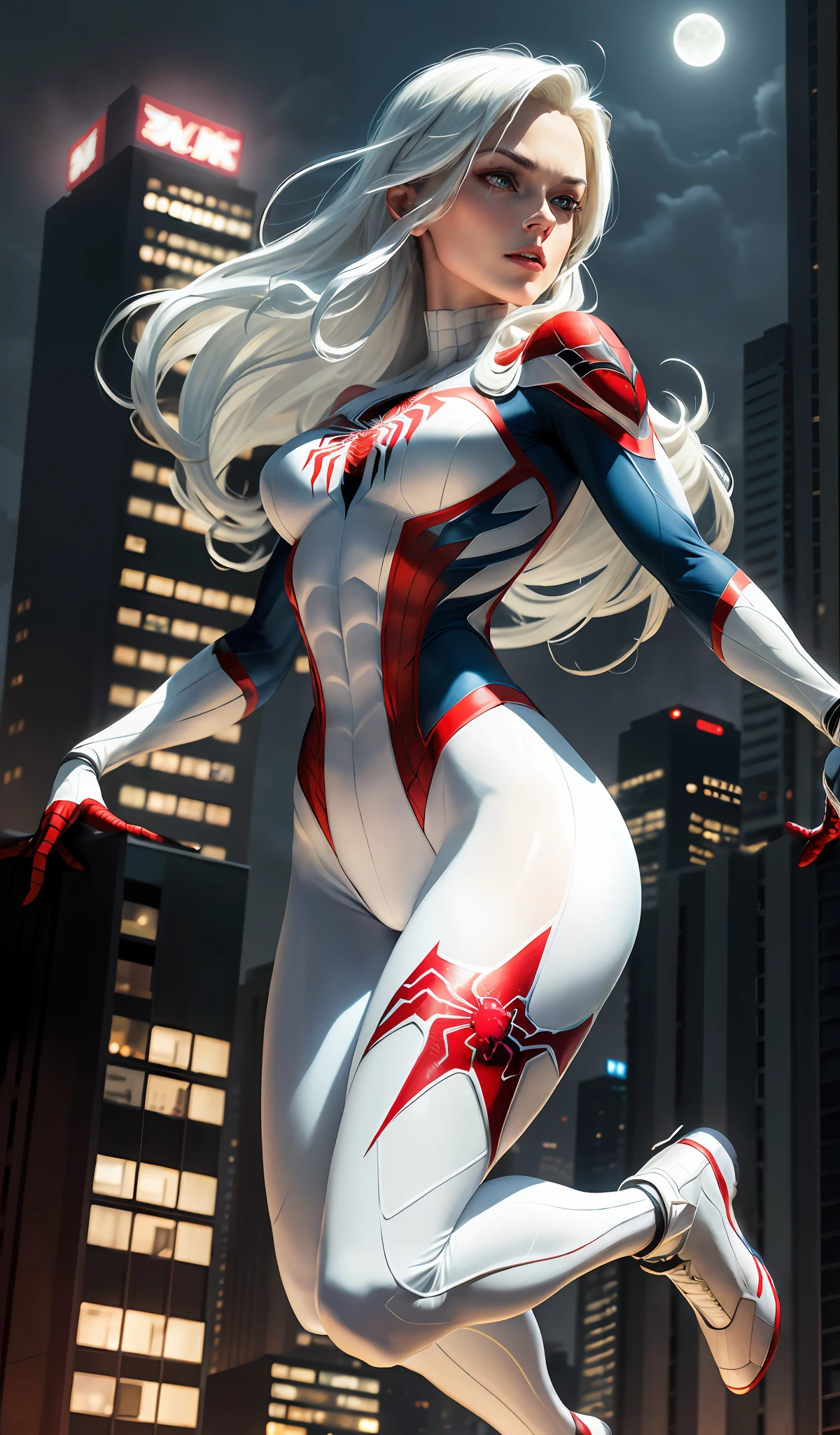 (Masterpiece, 4k resolution, ultra-realistic, very detailed), (White superhero theme, charismatic, there's a girl on top of town, wearing Spider-Man costume, she's a superhero), [ ((25 years), (long white hair:1.2), full body, (blue eyes:1.2), ((Spider-Man pose),show of strength, jumping from one building to another), ((sandy urban environment):0.8)| (cityscape, at night, dynamic lights), (full moon))] # Explanation: The Prompt mainly describes a 4K painting of ultra-high definition, very realistic, very detailed. It shows a superheroine at the top of the city, wearing a Spider-Man costume. The theme in the painting is a white superhero theme, the female protagonist has long white hair, is 25 years old and her entire body is shown in the painting. In terms of portraying the actions of superheroines, spiders are employed