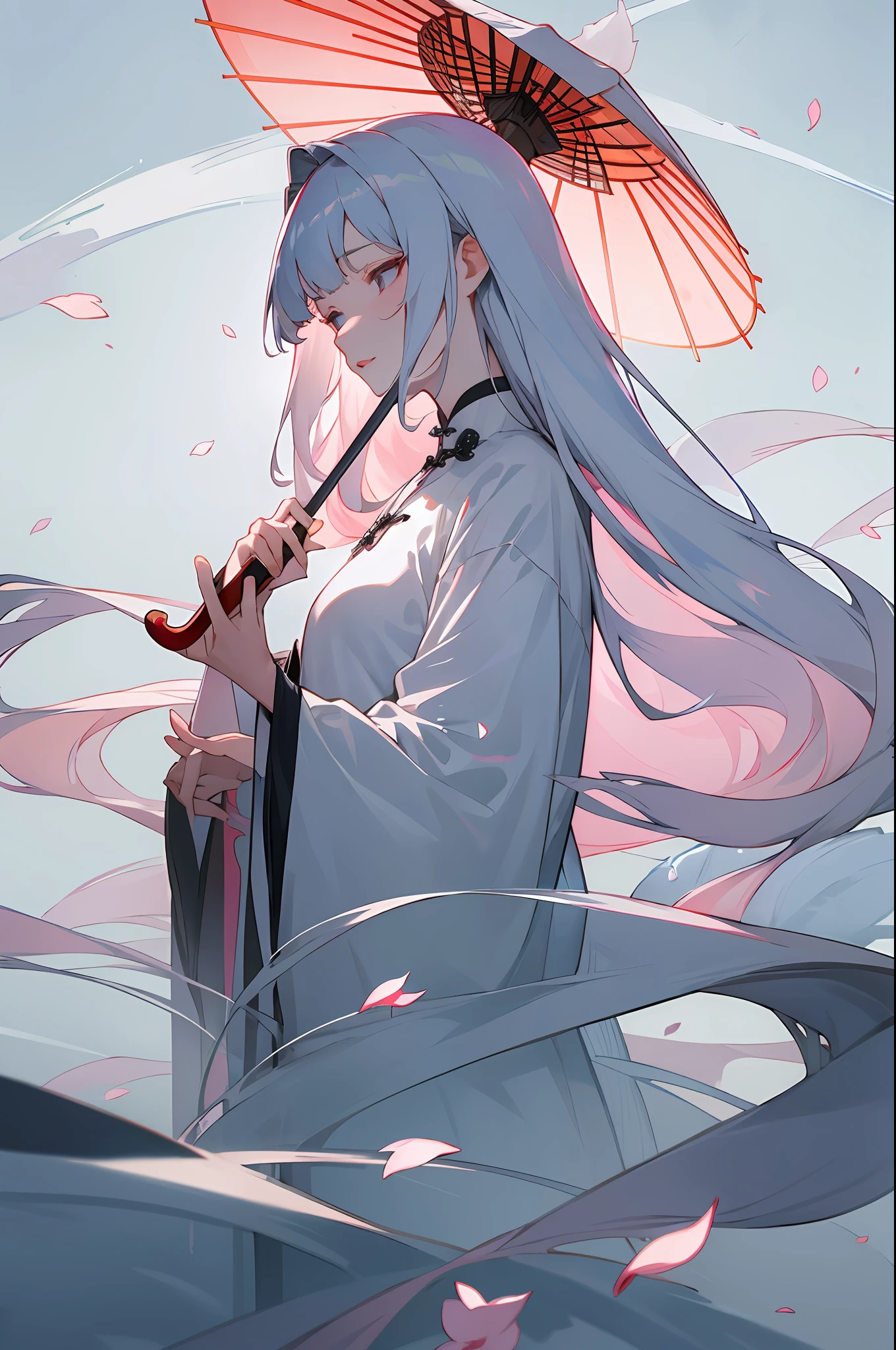 8K masterpiece best night full moon 1 female Chinese style Chinese architecture mature female elder sister silver white long hair woman long hair pale pink lips calm and rational bangs gray pupil assassin umbrella, umbrella, turn around, turn around, turn around, petals flying, delicate face,