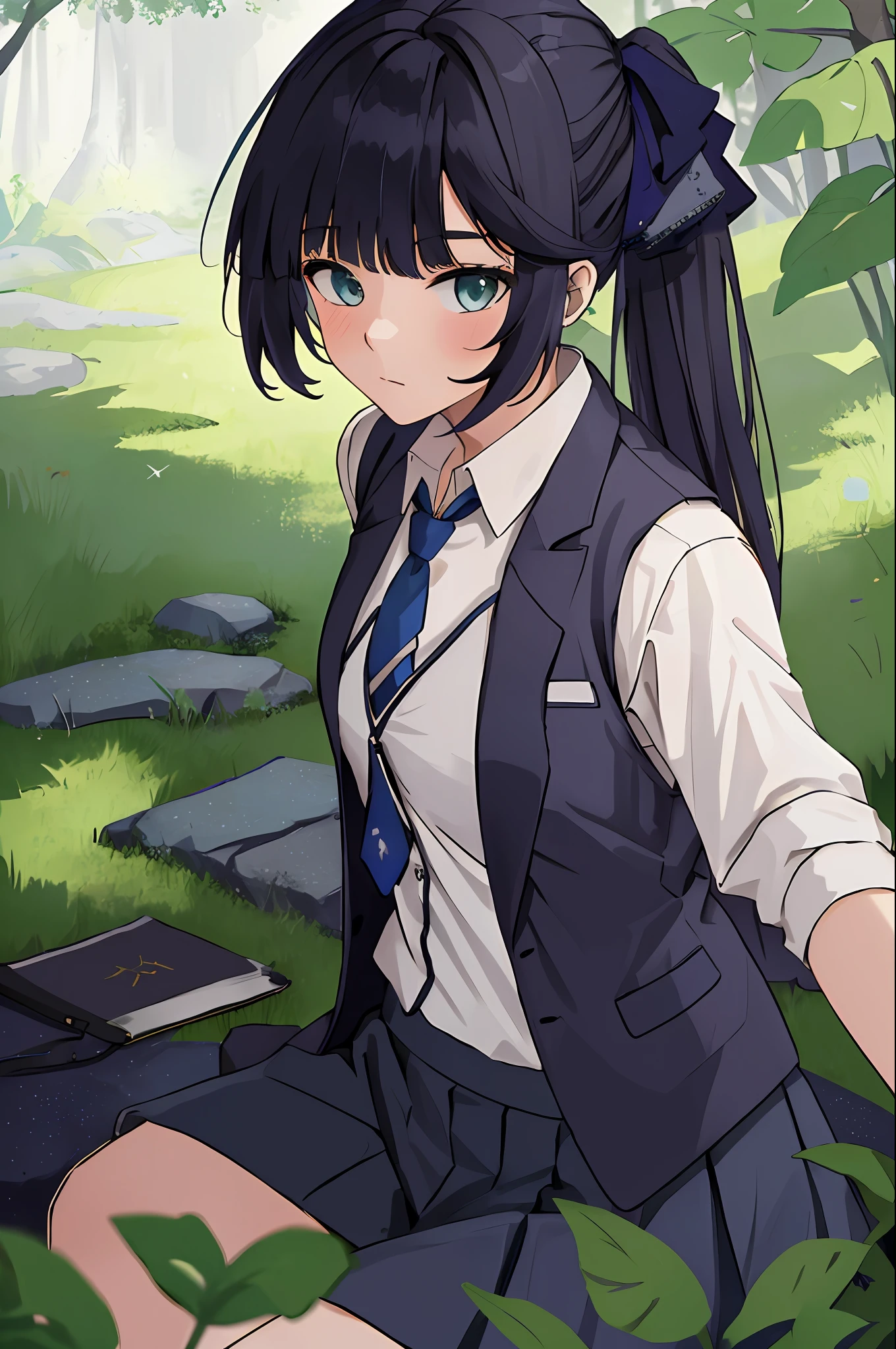 masterpiece, high quality, 8k, beautiful lighting, 1girl, solo, akane, white shirt, sweater vest, black vest, blue necktie, park, vegetation, cowboy shot, sitting, skirt, grey skirt, looking up