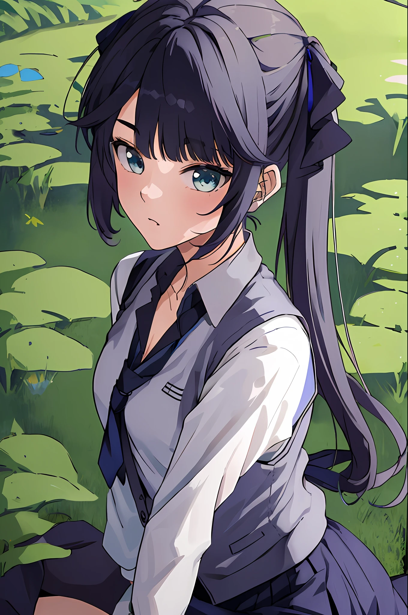 masterpiece, high quality, 8k, beautiful lighting, 1girl, solo, akane, white shirt, sweater vest, black vest, blue necktie, park, vegetation, cowboy shot, sitting, skirt, grey skirt, looking up