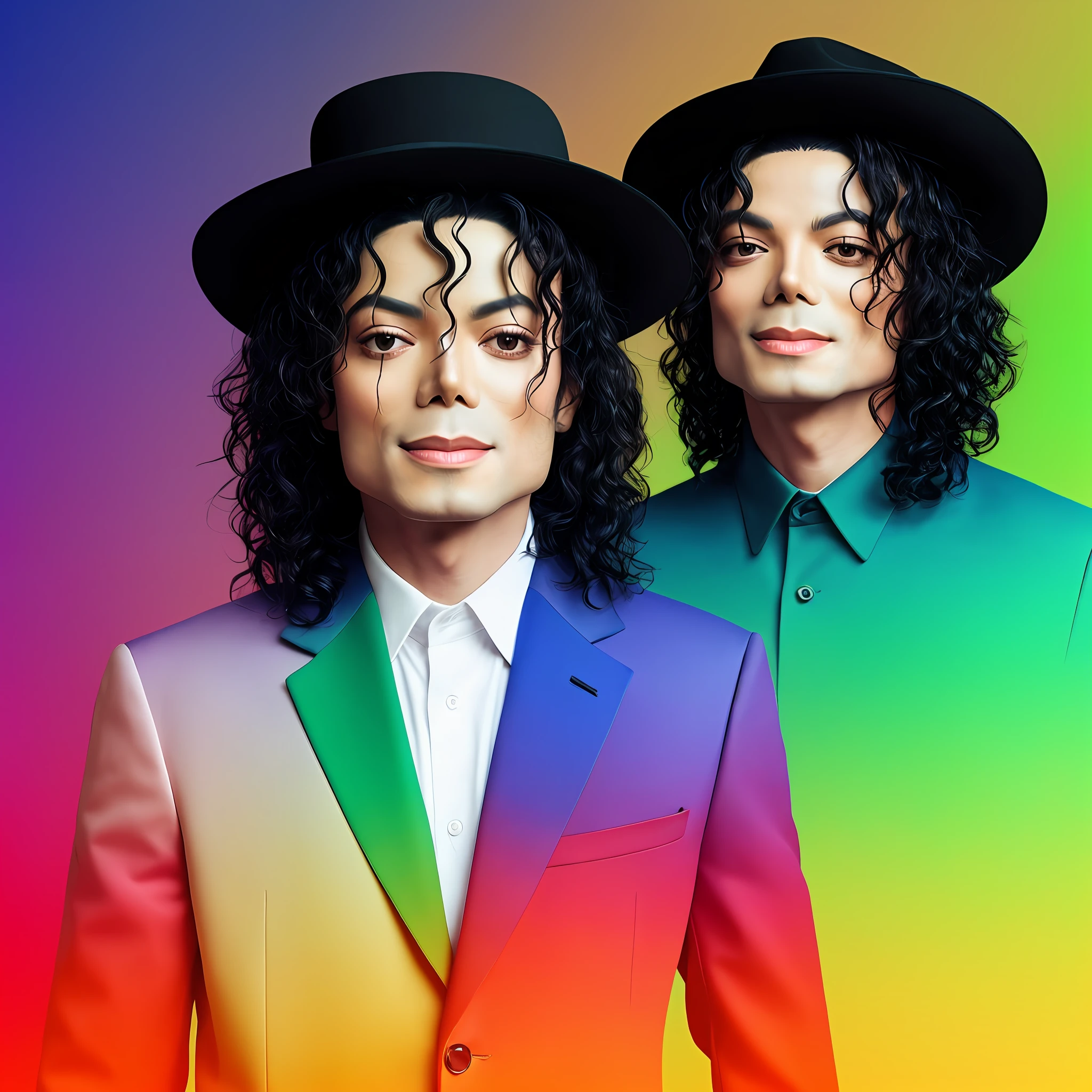 Michael Jackson, full body shot,looking forward,wearing red and black haute couture suit, hat, background gradient, original simulation style, charming look, charming expression. The background should be a simple gradient, pay close attention to details like highlights and shadows on your face and hair to create a realistic and realistic image. Try different lighting techniques to improve the mood and atmosphere of your portrait. Detailed Skin, Skin Detail, Sharp Focus, Volumetric Fog, 8K UHD, SLR, High Quality, Film Grain, Fujifilm XT3, (Best Quality: 1.4), (Masterpiece: 1.4), (Detail: 1.3), (Best Quality: 1.4), (Masterpiece: 1.4), (Detail: 1.3), (Color Gradient Background: 1.5, Close-up: 1.5), (Realism: 1.4), (Best Quality: 1.0), (Super High Resolution: 1.0)