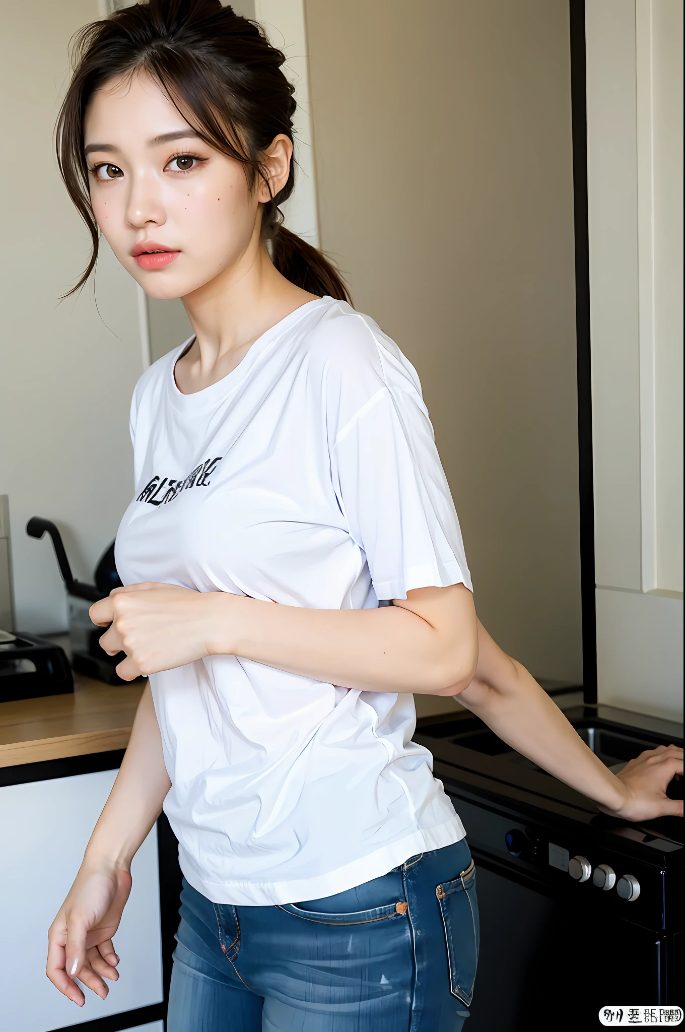 ((Cinematic light, top quality, 16k, masterpiece: 1.3)), 1 young girl, full body photo, inviting looking back pose: 1.1, (18 years old, baby face: 1.2), AV idol with sexy waist: 1.4, cute toned buttocks: 1.2, (brown hair, ponytail, beautiful breasts: 1.3), naked wearing only one large tee shirt: 1.3, Cooking in kitchen, super detailed face, fine eyes, double eyelids