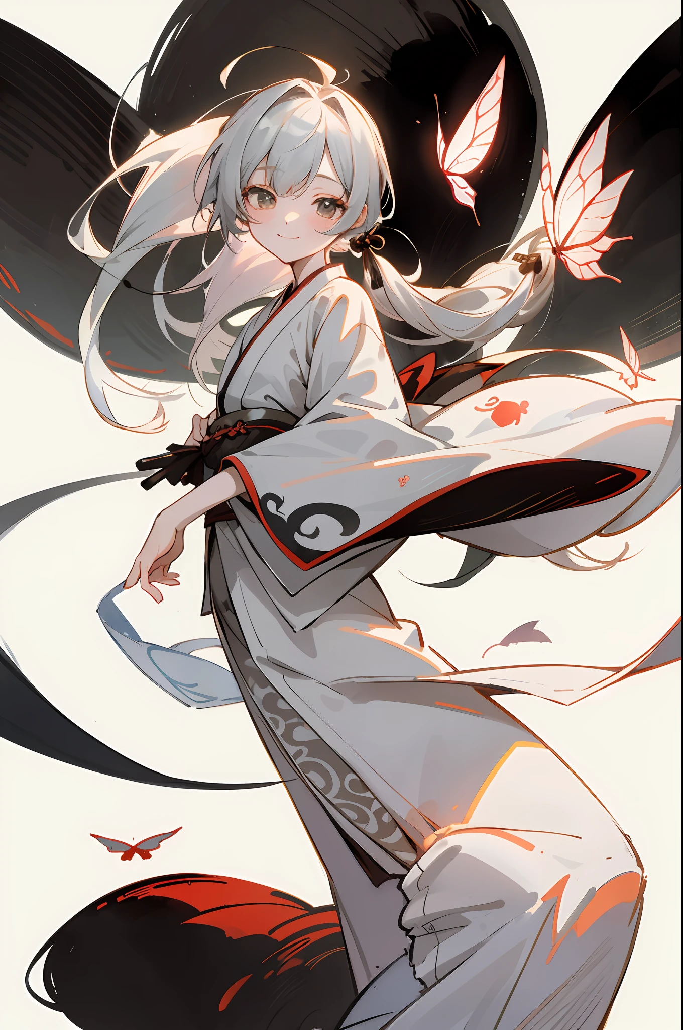 Negative Space, Shuimobysim, Masterpiece, Best Quality: 1.2), Traditional Chinese Ink Painting, Peace, (Smiling), Looking at the Viewer, Wearing Long Hanfu, White Hanfu, Butterflies Flying