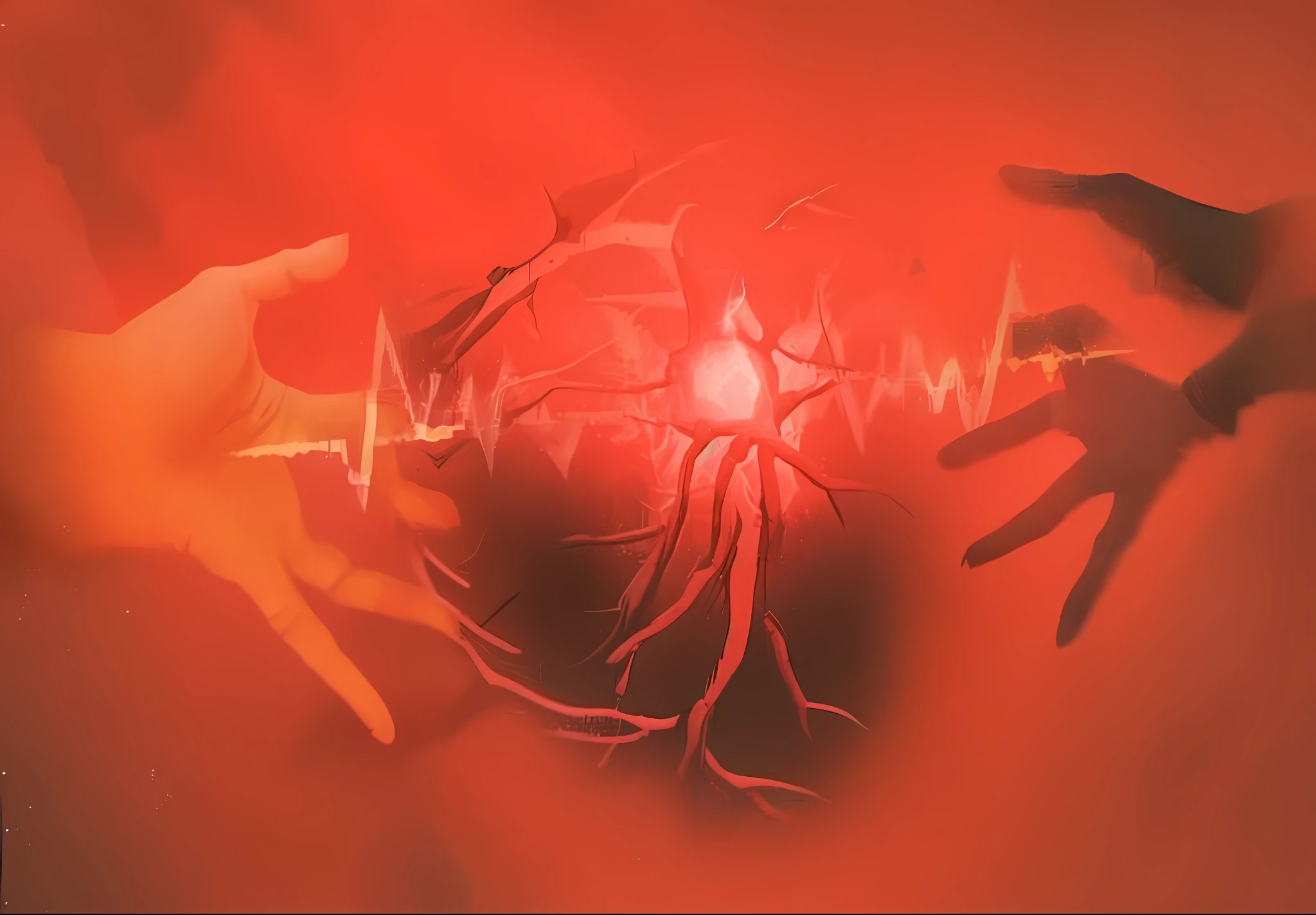 Red background with two hands extended to the human heart receiving shock and the left hand is real yellow and the right hand is real black 4k--v4