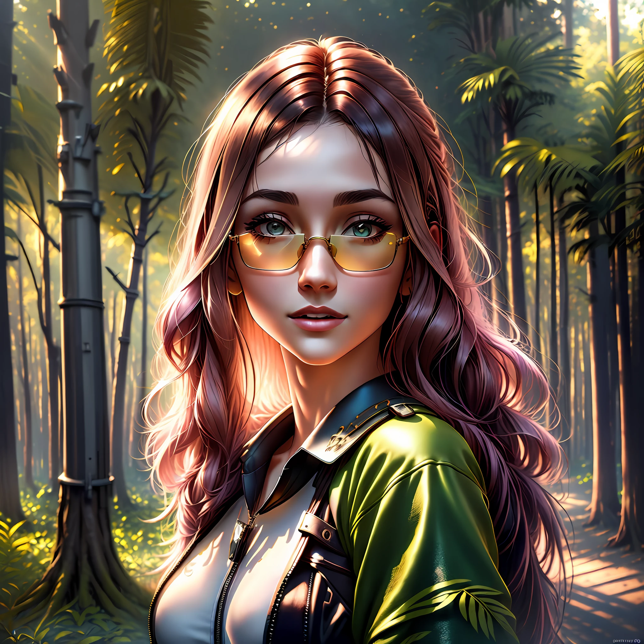 (high quality photo), (studio lights), (forest background), (portrait photography), (young woman:1.1), (pretty:1.1), (sunglasses), (realistic:1.2), (hyperrealistic:1.3), (20-year-old:1.05), 1girl