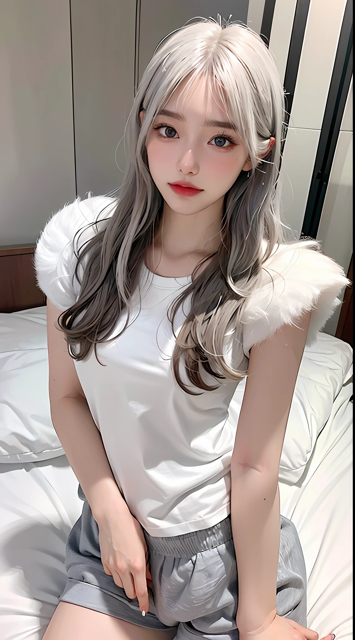 photorealistic, high resolution, 1 girl, white wolf cut hair, korean, heterochromia eyes, thick eyebrows, small mole below eye, loose white shirt, gray gym shorts, medium breast, small waist, huge thighs, on bed