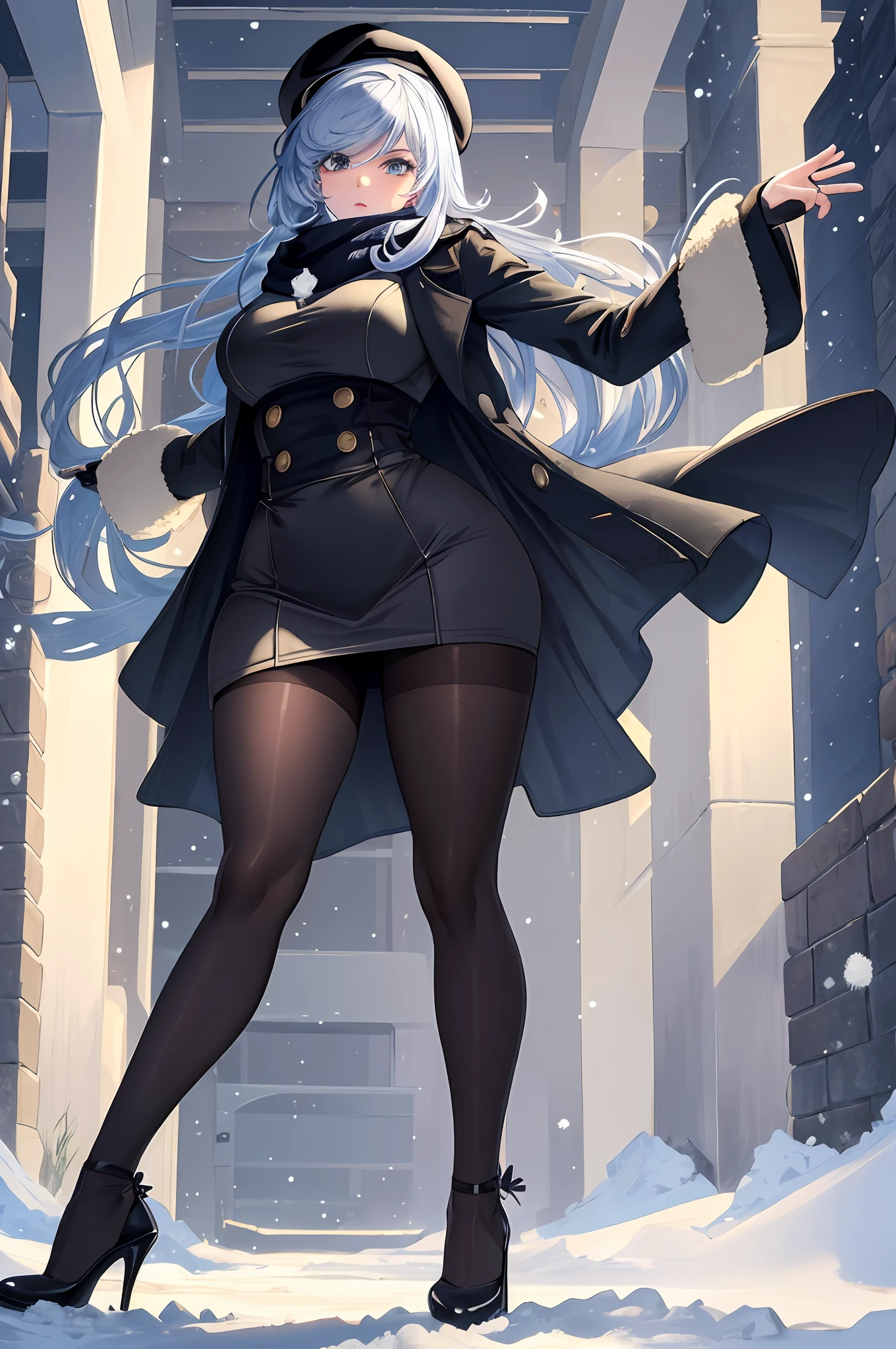((masterpiece, high quality, best quality, highres, ultra-detailed, 8k:1.4)), parasoul, 1girl, solo, breasts, very long leg,((winter clothes,, high heels, skirt, pantyhose,)), hair over one eye, lips, lipstick, necklace, inverted cross, yellow eyes, detailed eyes, perfect eyes, large eyelashes, depth of field, winter background, backlighting, full body, multiple lights, cinematic light, volumetric light, curvy, wide hips, posing, dynamic angle, vibrant color, vivid colors, extremely detailed, material effects,