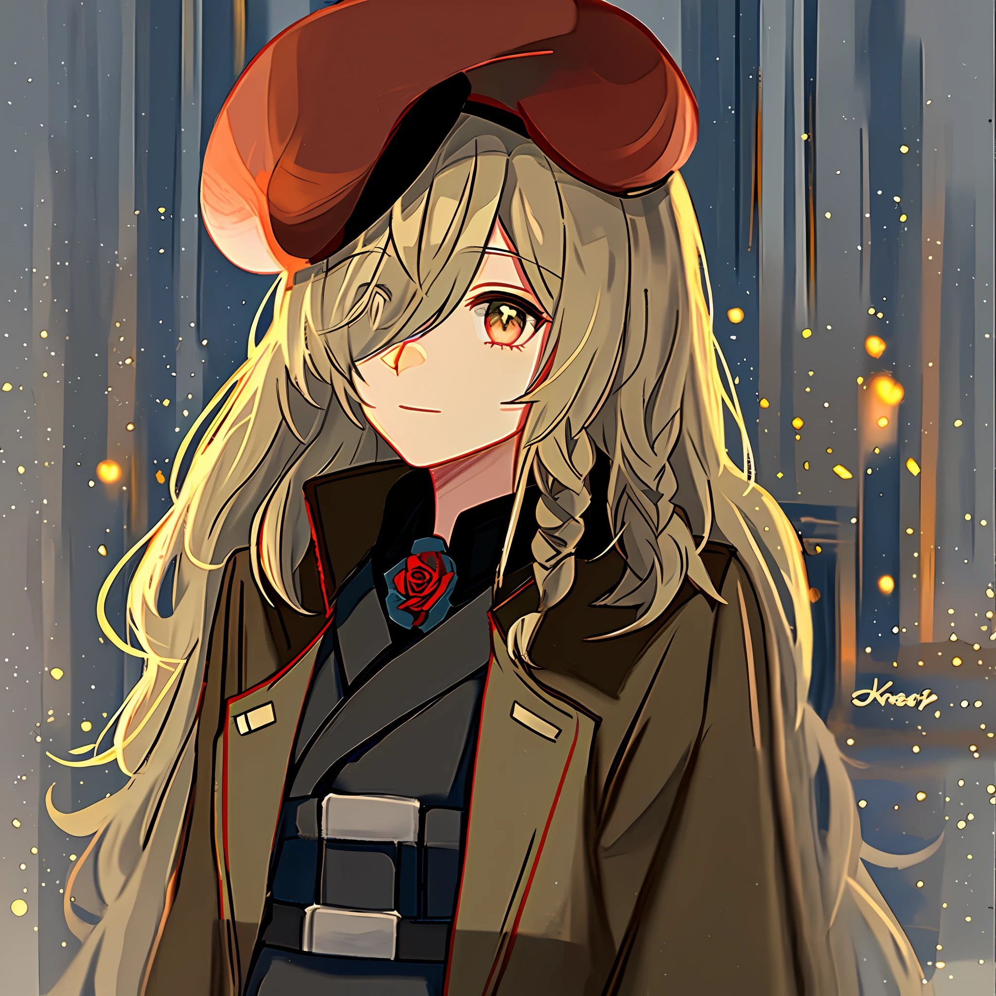 Female, officer, military cap, black trench coat, rose