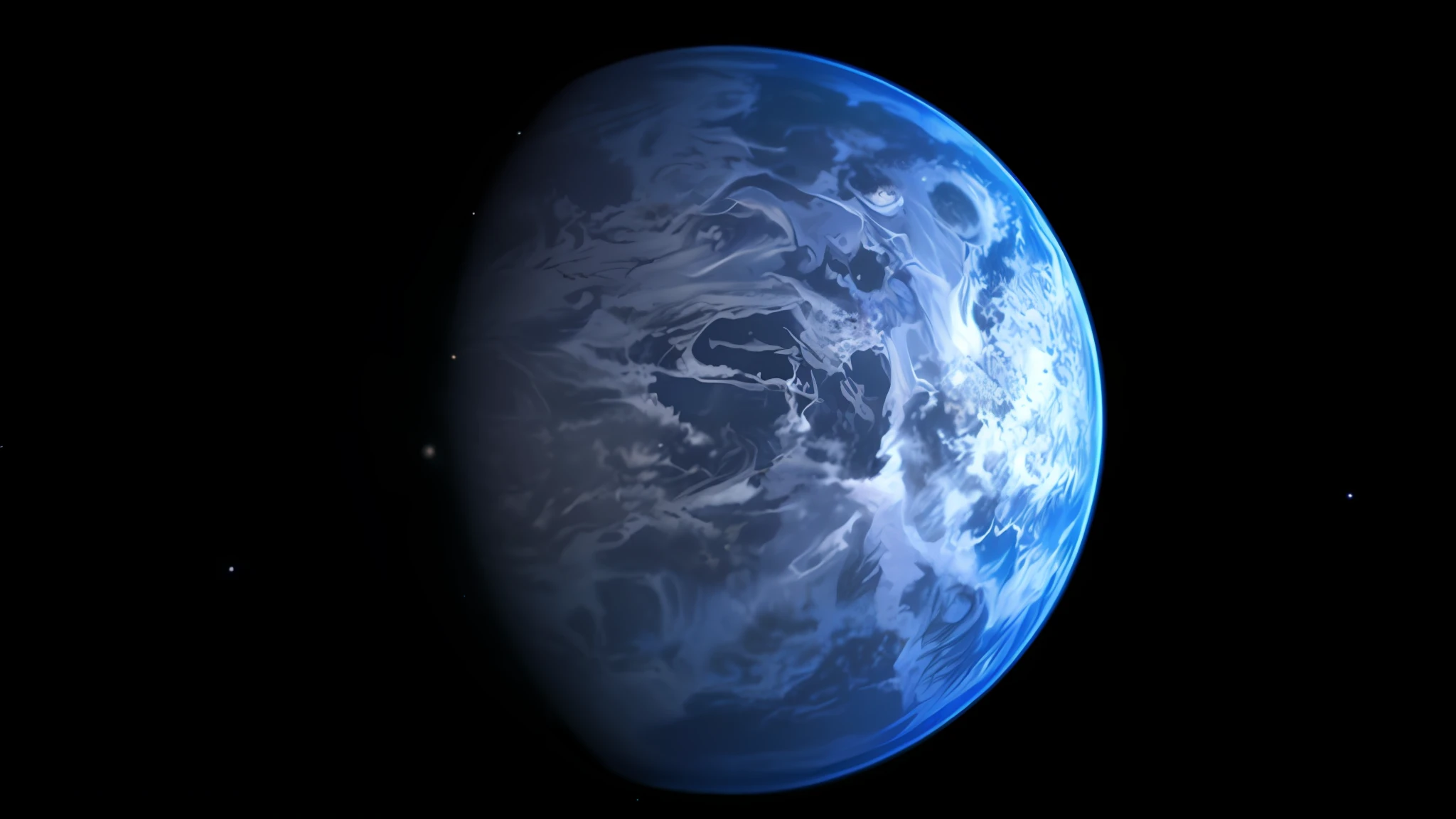 a close up of a blue planet with a black background, dark blue planet, blue planet still, blue marble, blue planet, large planet in the background, exoplanet, alien planet covered in water, ice planet, an alien planet, coruscant, orbiting a gas giant, mar planet, blue nebula, orbiting a gas giant planet, on exoplanet