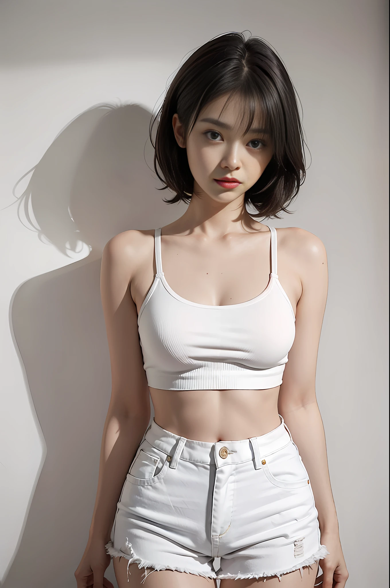 Girl posing for photo in white bra and tight denim skirt, full body, with cropped t-shirt, bra, slim body, smaller bust, slim girl model, 20 year old female model, super high quality, background borrowing