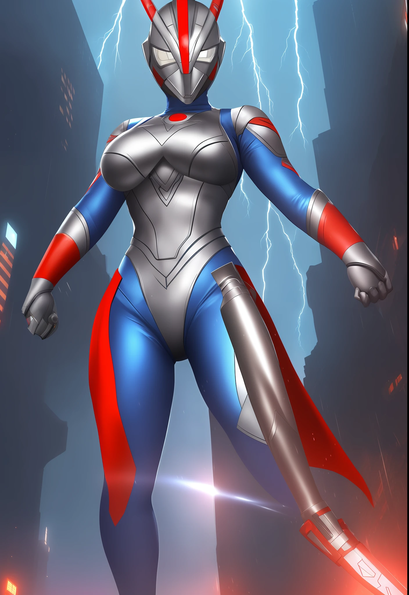 ((1girl/Ultraman/Giant/helmet with easy mask)), Unreal Engine 5/Mortal Kombat, anime style, full resolution/quality/sharpness/detail viewer, no hair, giant1breasts, look/face/exhibitionist/holding futuristic weapon/expression of hate, in a futuristic city raining/thundering.