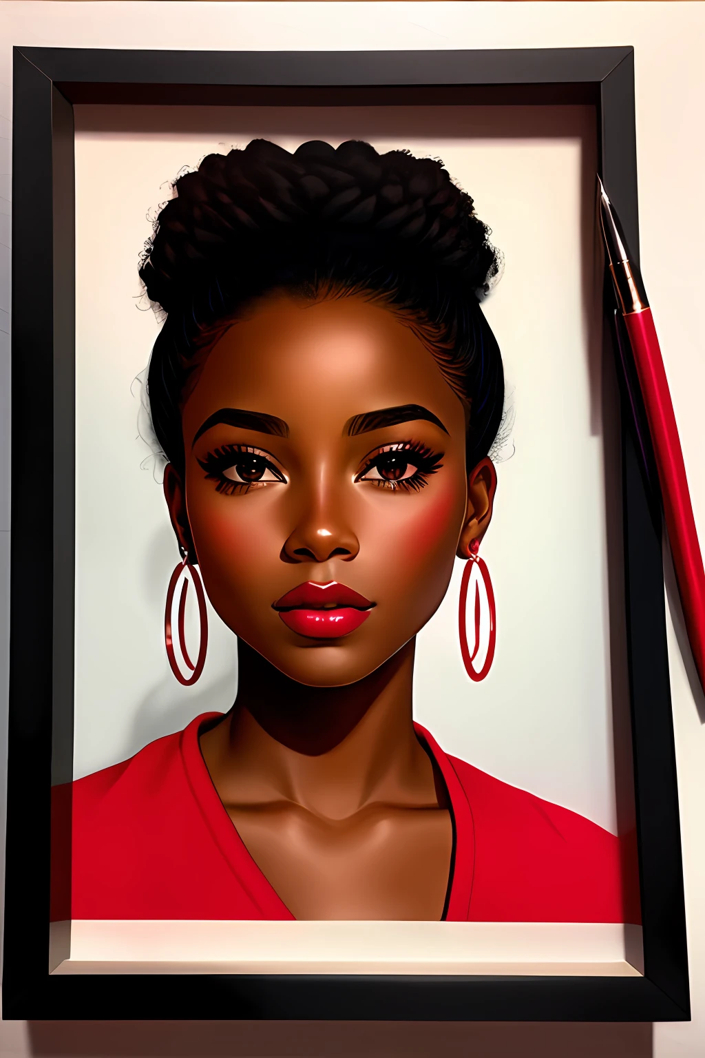 hyperrealistic portrait of a young black woman in the style of red ink pen