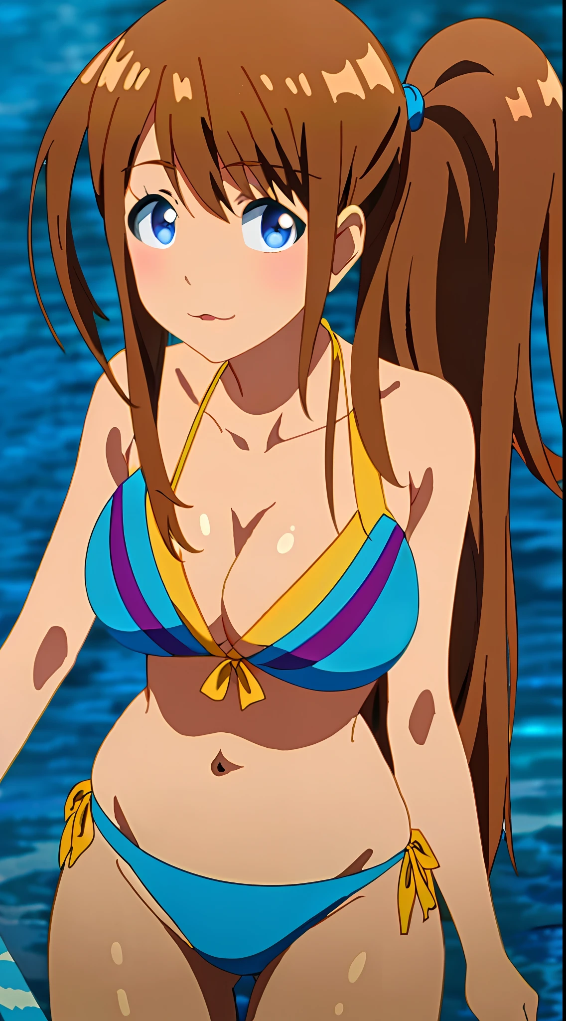 masterpiece, (((best quality))), anime art style, ((NANA)), ((light brown hair a side ponytail)), (blue eyes), (((large breasts))), (((blue bikini))), playing on the beach, navel uncovered, chest in sight, legs in the sand, (((full sensual body))), sensual body curves