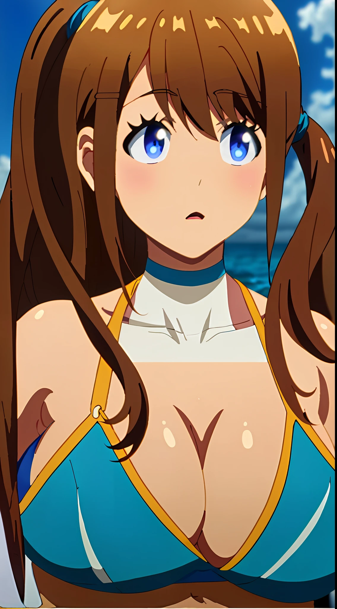 masterpiece, (((best quality))), anime art style, ((NANA)), ((light brown hair a side ponytail)), (blue eyes), (((large breasts))), (((blue bikini))), playing on the beach, navel uncovered, chest in sight, legs in the sand, (((full sensual body))), sensual body curves