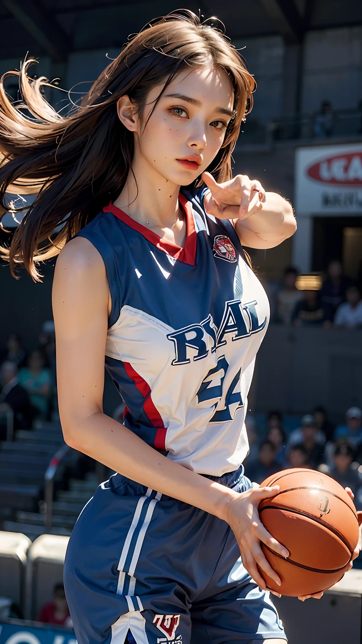 Top Quality, Ultra High Resolution, (Photorealistic: 1.4), 8K Resolution, (Woman in Basketball uniform), (Random Hair: 1.3), (Realistic Hair: 1.2), (Realistic Eyes: 1.2), (Beauty Face: 1.3), (large breasts), (Wet Skin: 1.2),(dynamic angle:1.5),(furrowed brow),(full body),(from front),(offense:1.2),
