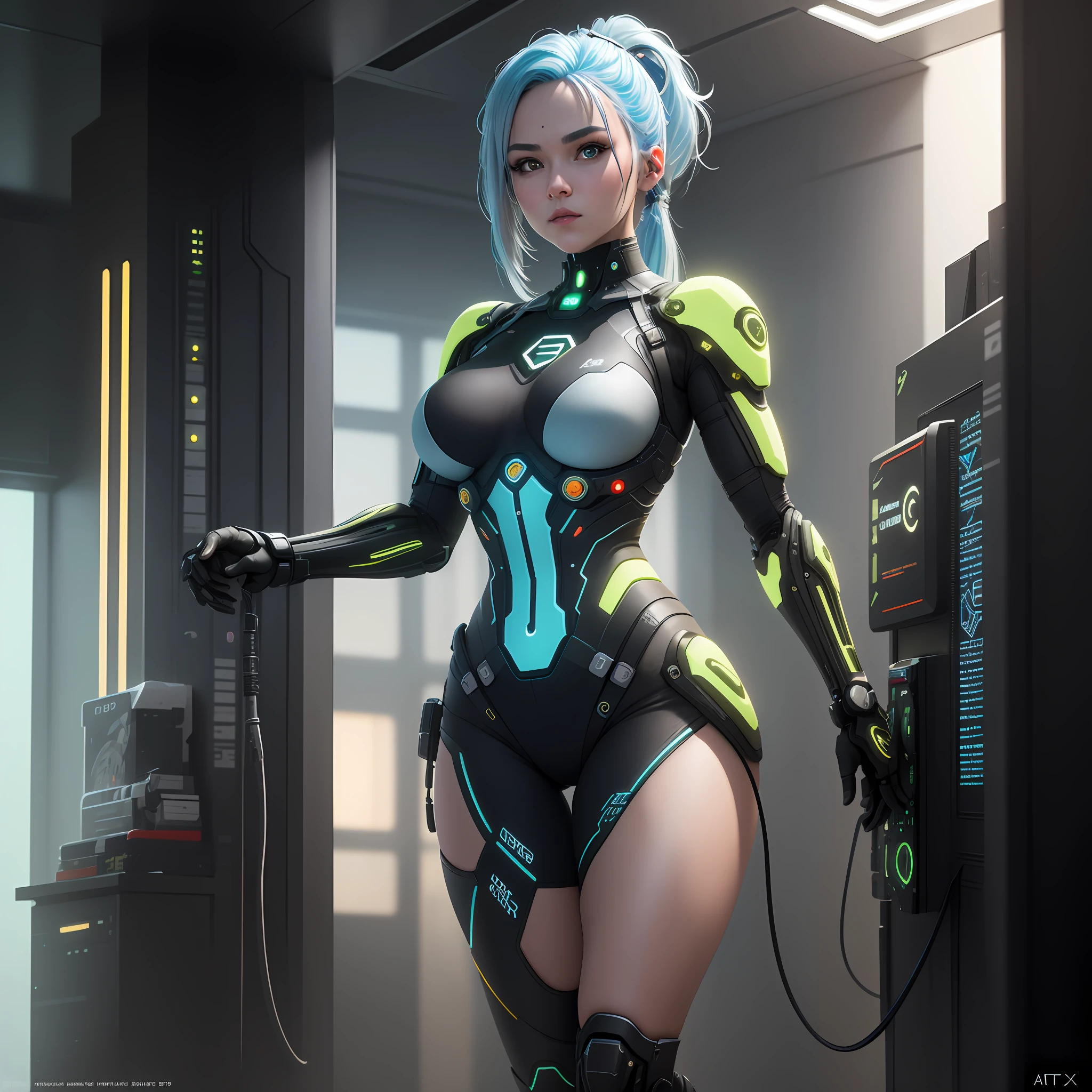 16K, Best quality, masterpiece, absurdres, complex 3d render ultra detailed, hyper realistic, ultra high resolution, hyper complex, hightly textured, unreal engine 5, trending on artstation, award winning, artgerm, extremely detailed CG unity 8k wallpaper, an image of a beautiful cyberpunk female,HDR (High Dynamic Range),Ray Tracing,NVIDIA RTX,Super-Resolution,Unreal 5,Subsurface scattering,PBR Texturing,Post-processing,Anisotropic Filtering,Depth-of-field,Maximum clarity and sharpness,Multi-layered textures,Albedo and Specular maps,Surface shading,Accurate simulation of light-material interaction,Perfect proportions,Octane Render,Two-tone lighting,Wide aperture,Low ISO,White balance,Rule of thirds,8K RAW, an image of a beautiful cyberpunk female, extreme detailed,colorful,highest detailed, science fiction, nanosuit, high ponytail, (light blue hair), yellow eyes, knee boots, (spacecraft interior), mechanical limbs, large breasts, metal wire,