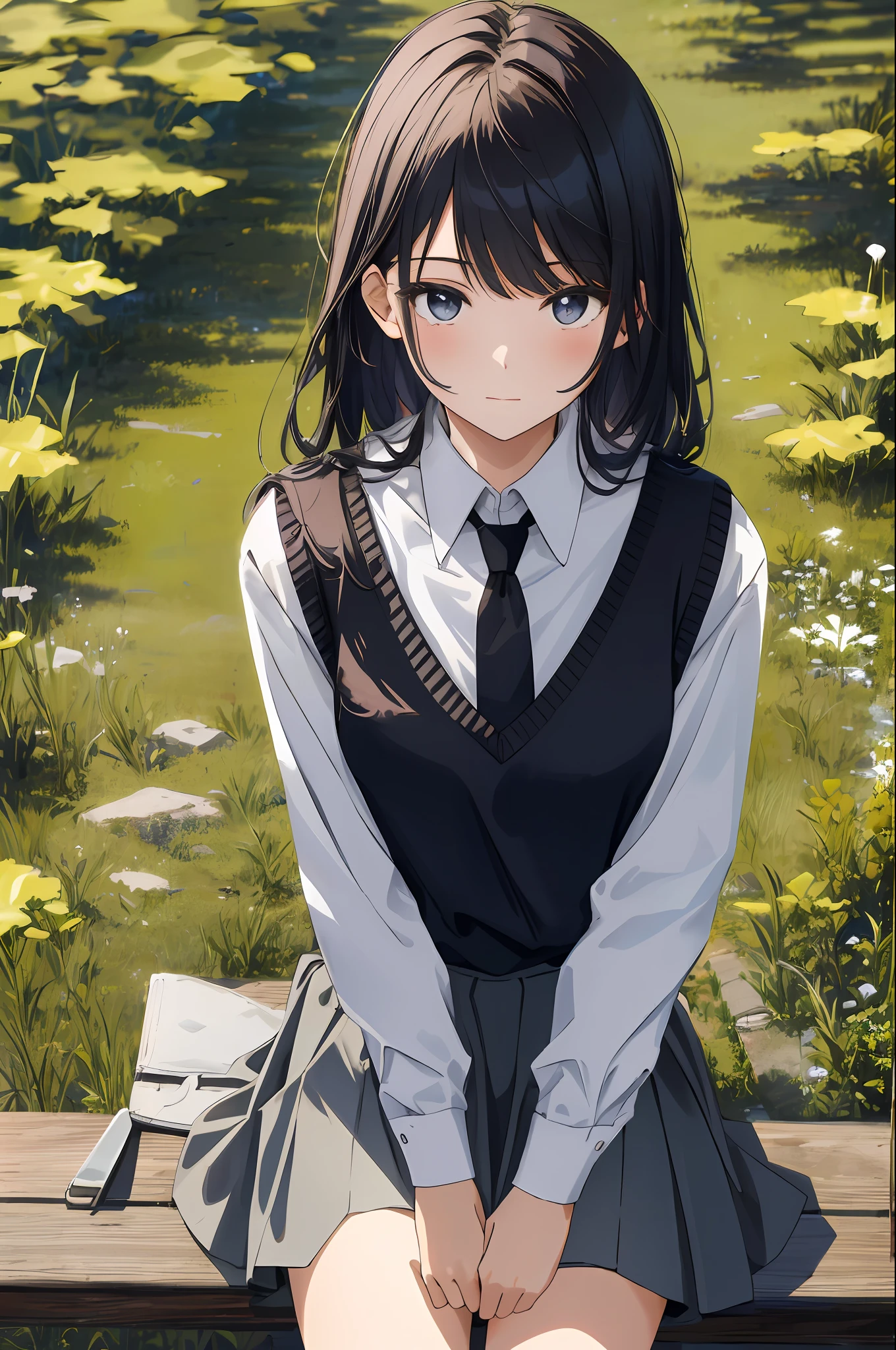 masterpiece, high quality, 8k, beautiful lighting, 1girl, solo, red shirt, sweater vest, black vest, black necktie, park, vegetation, cowboy shot, sitting, skirt, white skirt, looking up