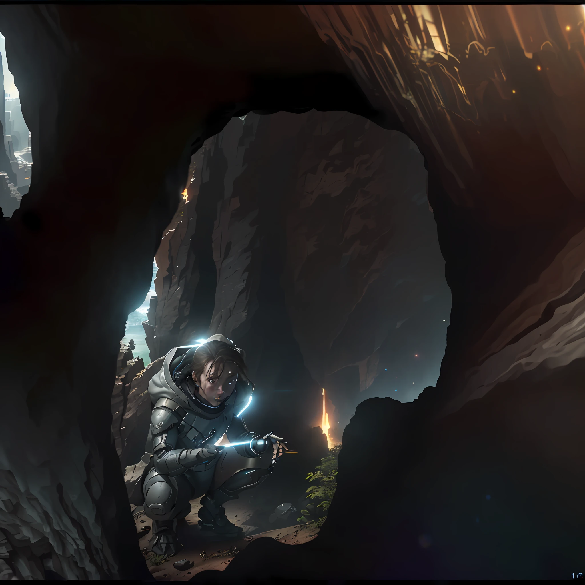 (35mmstyle: 1.2), highly detailed RAW color photo, top front corner, (robot boy), (crouched in a cave inside a cliff with waterfall in both hands), vivid detail, (sci-fi), (mountains: 1.1), (very detailed, ultra-detailed, complex), (lens flare: 0.7), (flare: 0.7), particle effects, ray tracing, cinematic lighting, shallow depth of field, shooting on Sony a9 II, 35mm wide-angle lens, clear focus, motion picture film, From Gravity 2013, looking down from the top front, dynamic angle