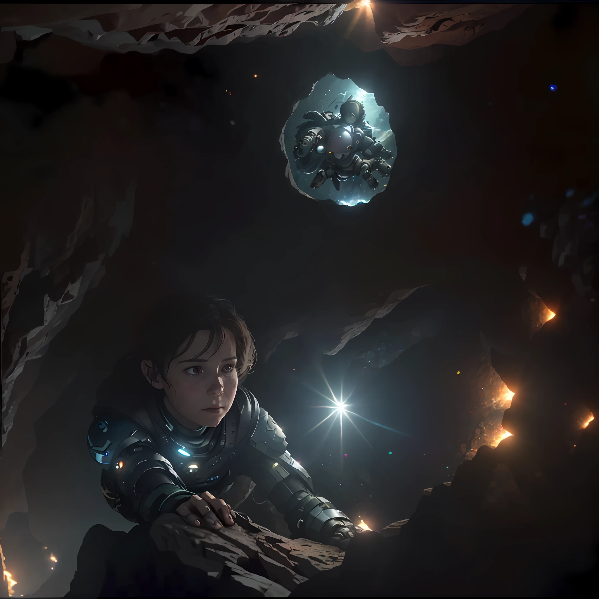 (35mmstyle: 1.2), highly detailed RAW color photo, top front corner, (robot boy), (crouched in a cave inside a cliff with waterfall in both hands), vivid detail, (sci-fi), (mountains: 1.1), (very detailed, ultra-detailed, complex), (lens flare: 0.7), (flare: 0.7), particle effects, ray tracing, cinematic lighting, shallow depth of field, shooting on Sony a9 II, 35mm wide-angle lens, clear focus, motion picture film, From Gravity 2013, looking down from the top front, dynamic angle